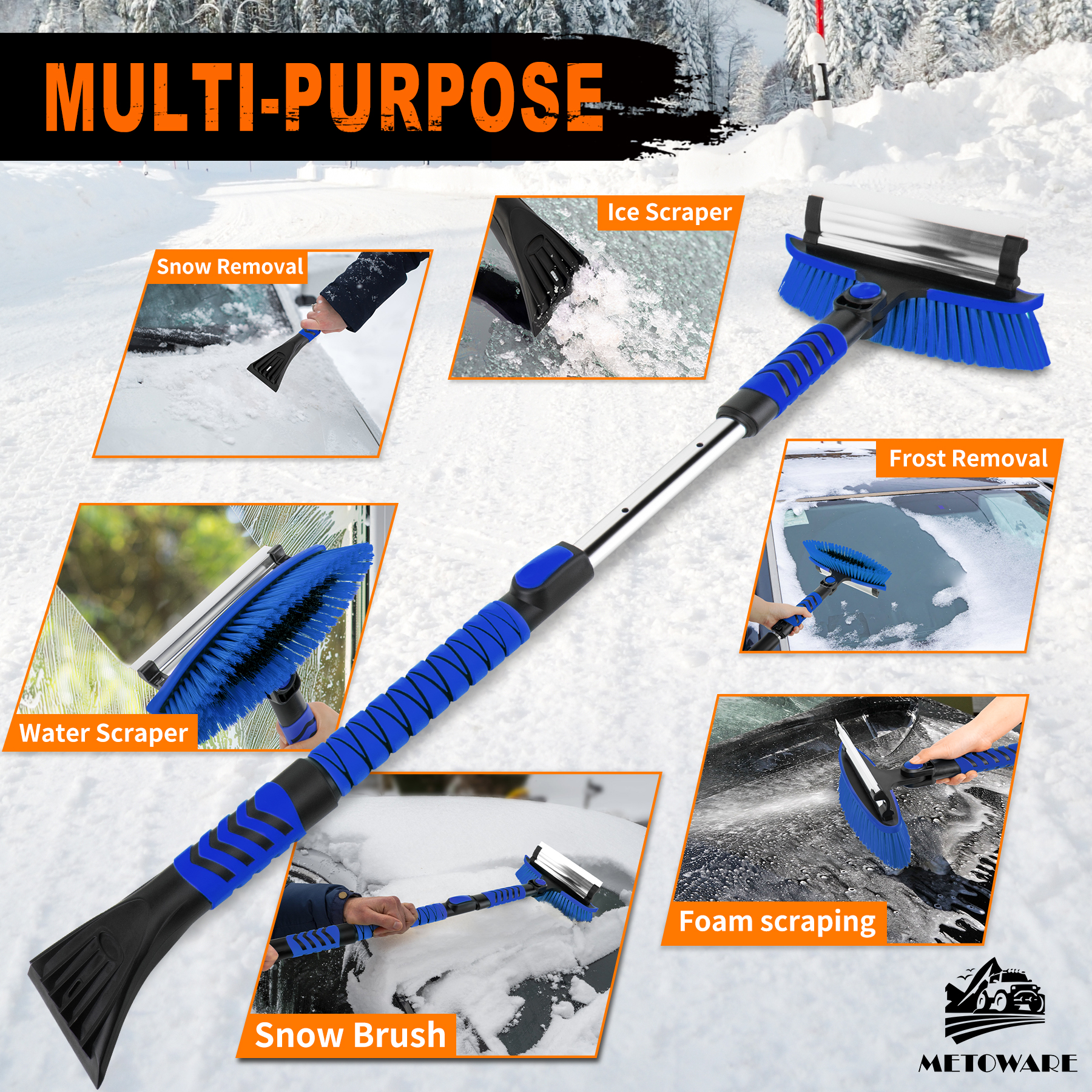 METOWARE 44'' Snow Brush and Ice Scrapers for Car Windshield, Blue - Image 3
