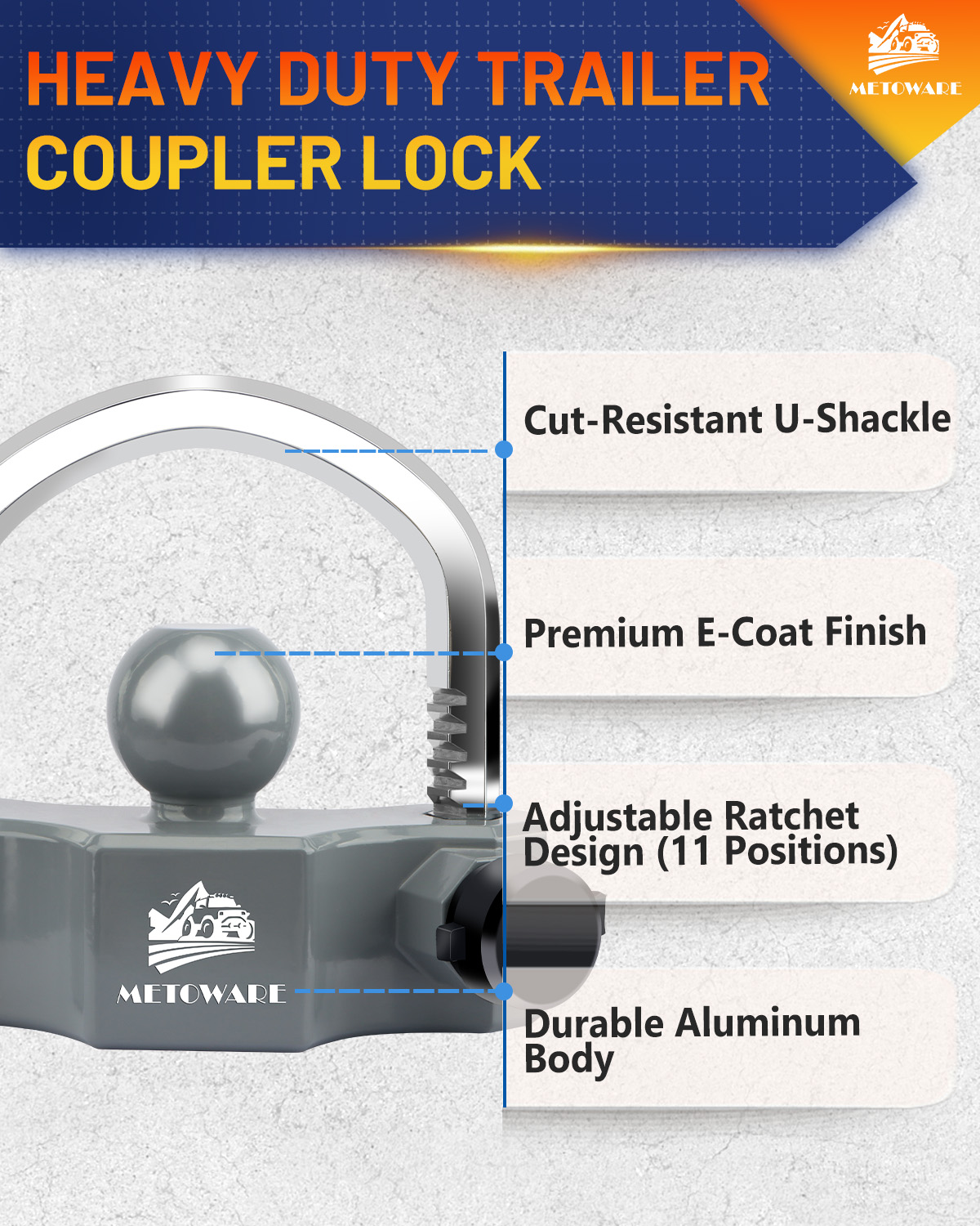 METOWARE Heavy-Duty Universal Trailer Coupler Lock Adjustable Trailer Lock, Gray - Image 4