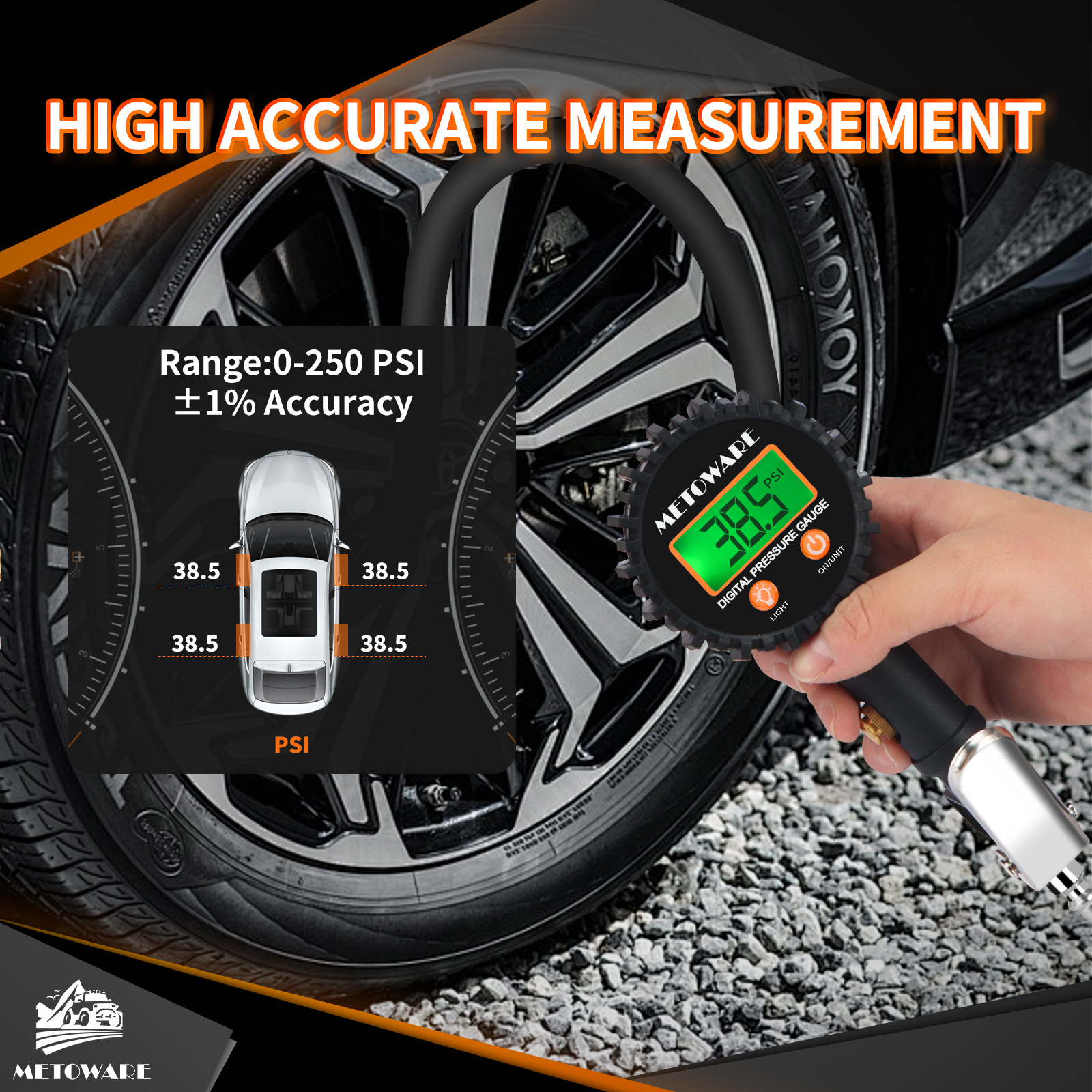 METOWARE Tire Pressure Gauge 0-250 PSI Digital with Air Chuck - Image 4