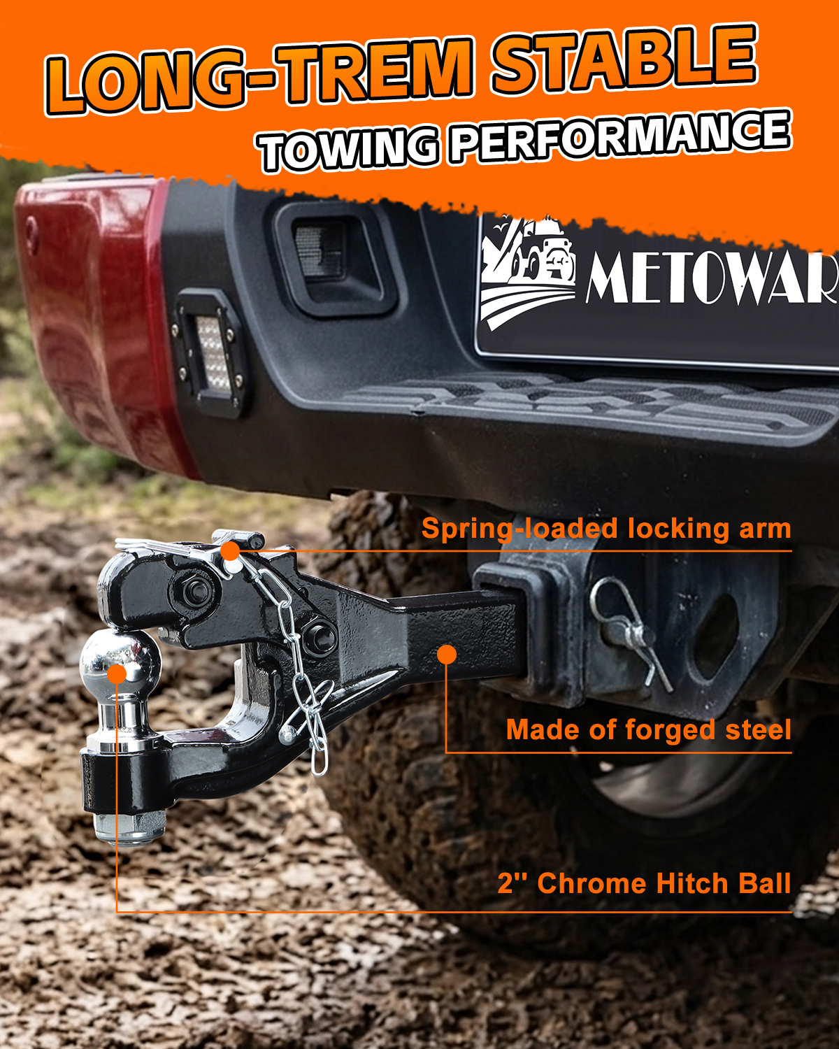 METOWARE Pintle Hitch with 2'' Ball, Fits 2'' Receiver, 22,000 lb GTW - Image 3