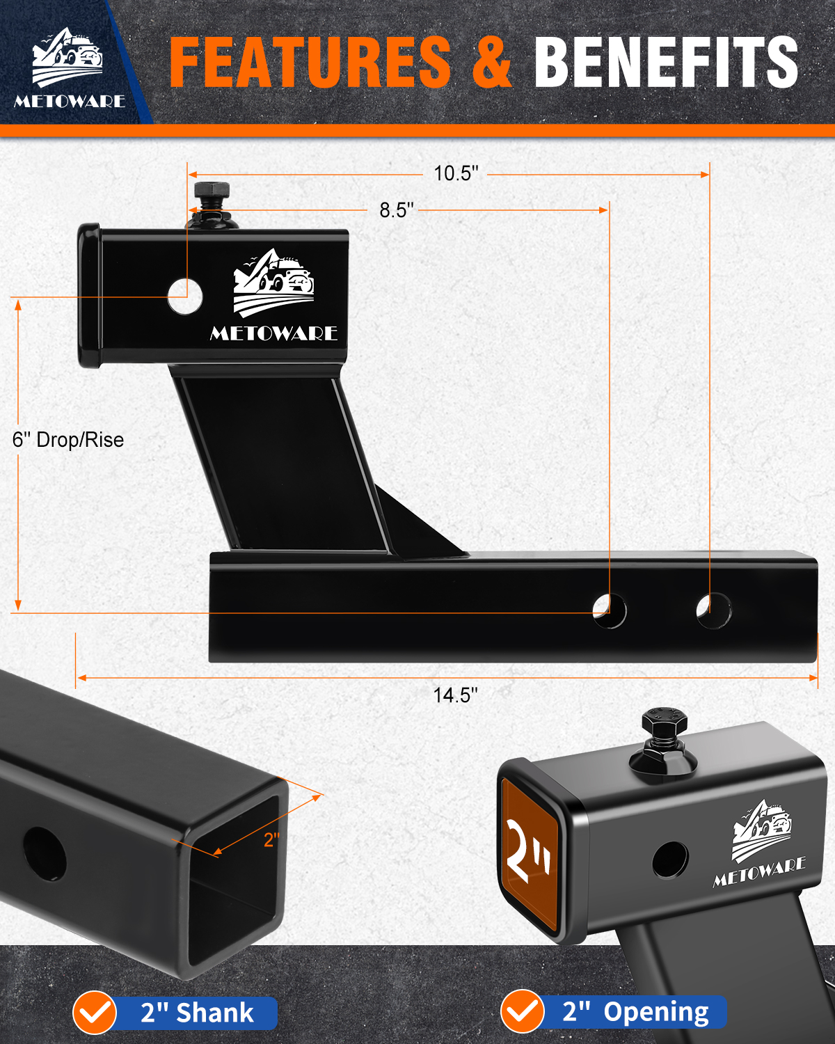 METOWARE Trailer Hitch Extender Fits 2" Receiver 6" Drop/Rise 7500 LBS GTW - Image 3