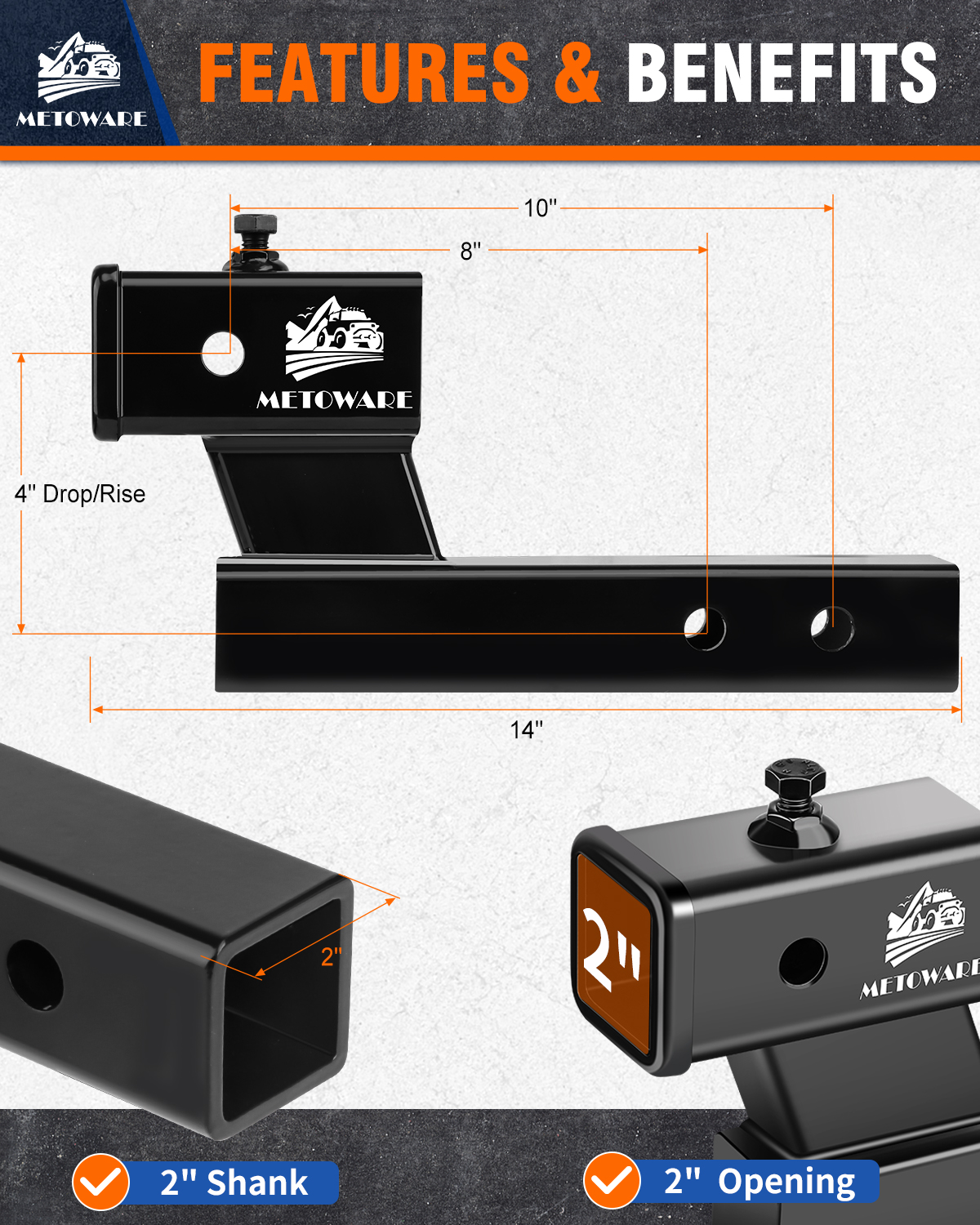 METOWARE Trailer Hitch Extender Fits 2" Receiver 4" Drop/Rise 7500 LBS GTW - Image 3