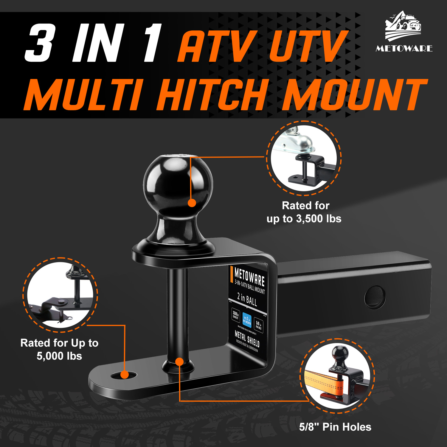 METOWARE ATV/UTV Trailer Hitch 3-in-1 Towing Ball Mount, Fit 2'' Receiver - Image 4