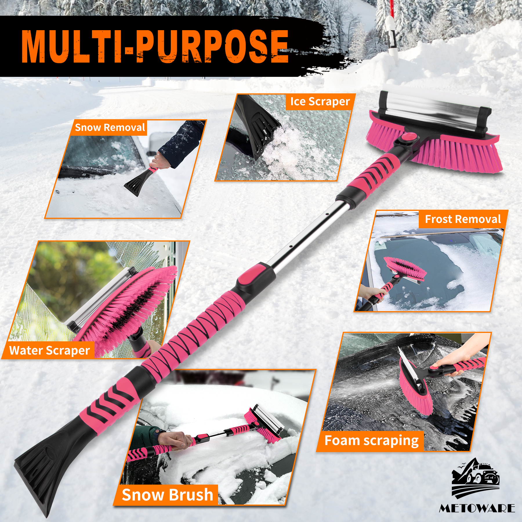 METOWARE 44'' Snow Brush and Ice Scrapers for Car Windshield, Pink - Image 3