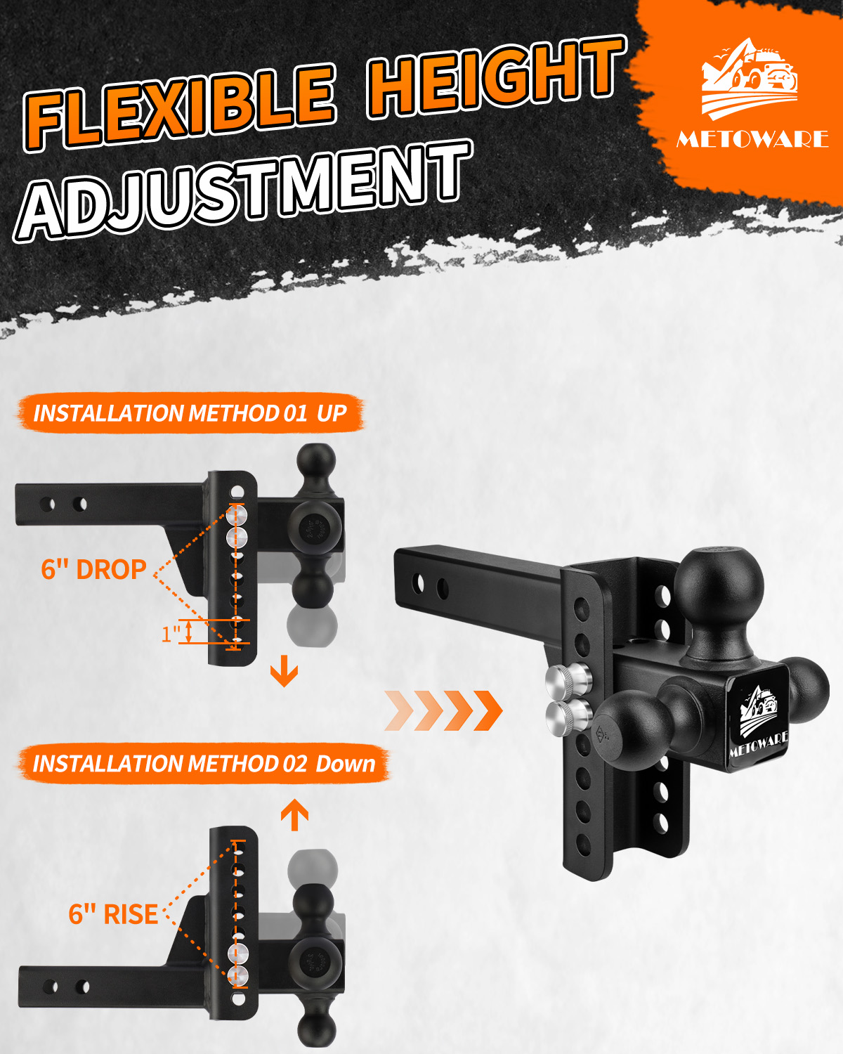 METOWARE Tri-Ball Trailer Hitch, Fits 2'' Receiver 6'' Drop/Rise 13.5K LBS - Image 4