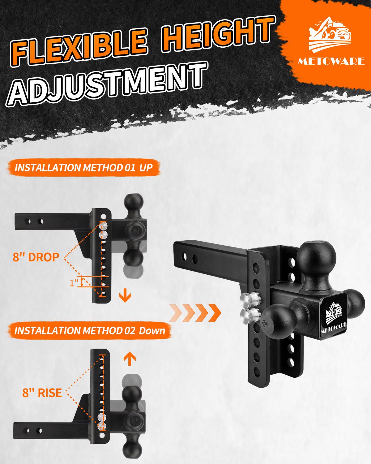 METOWARE Tri-Ball Trailer Hitch, Fits 2'' Receiver 8'' Drop/Rise, 13.5K LBS - Image 4
