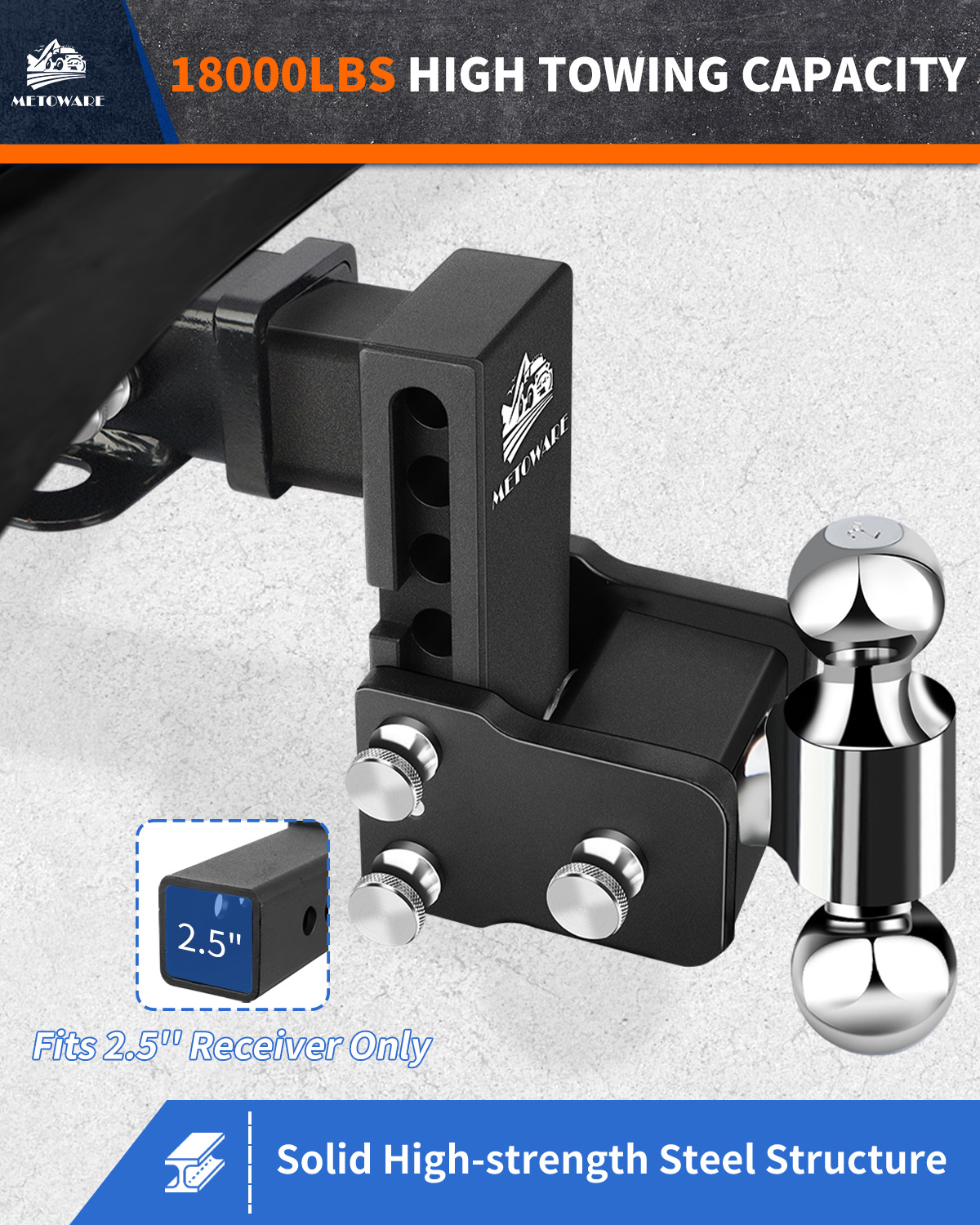 METOWARE Adjustable Trailer Hitch for 2.5" Receiver, 4'' Drop, 18K GTW - Image 2