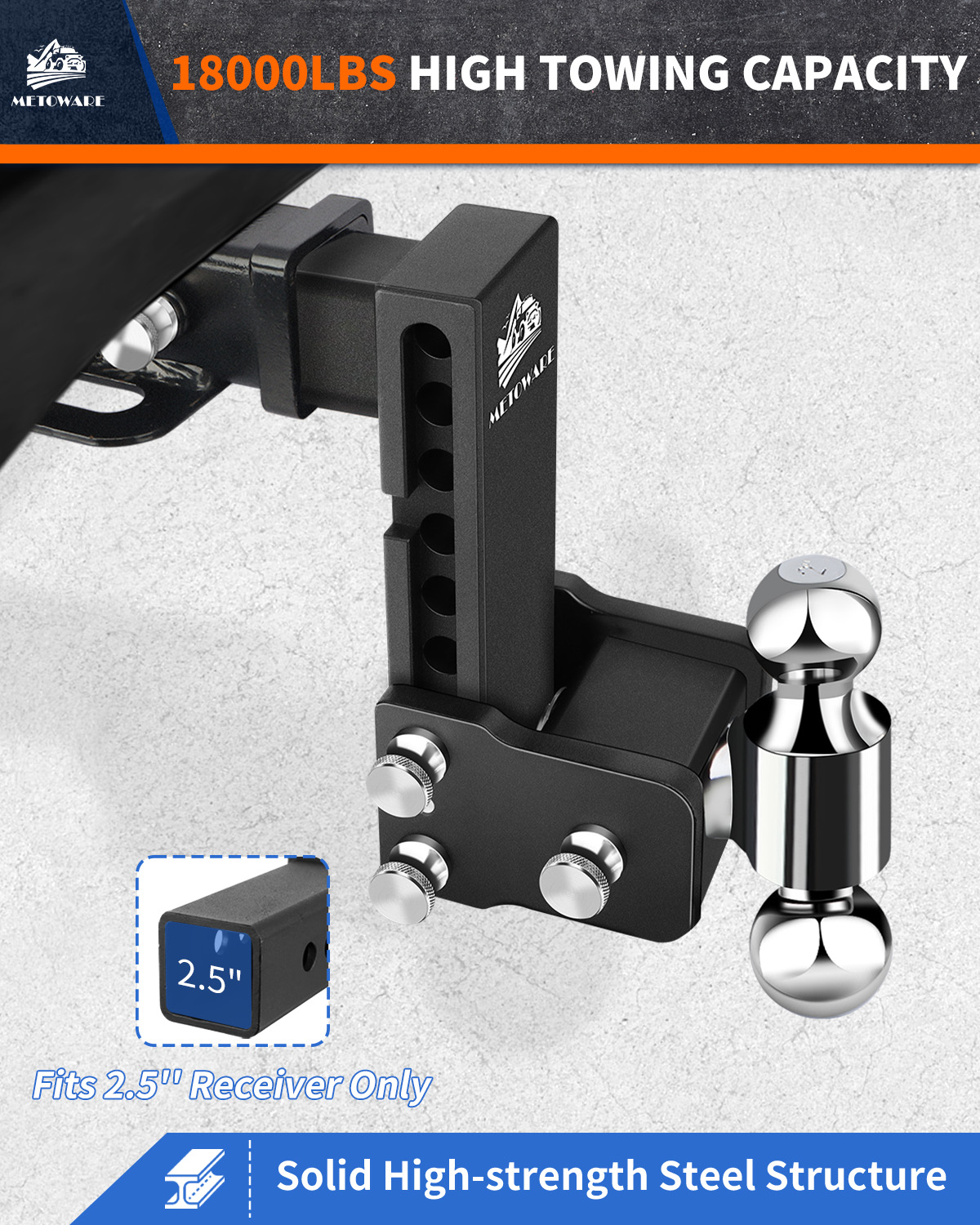 METOWARE Adjustable Trailer Hitch for 2.5" Receiver, 6" Drop/Rise - Image 2