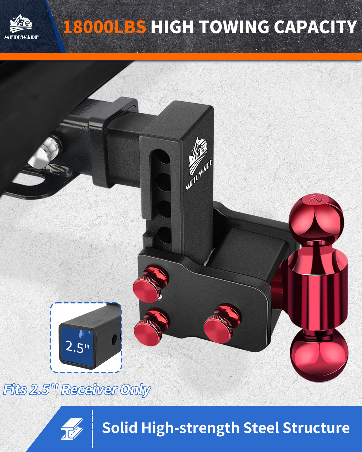 METOWARE Adjustable Trailer Hitch for 2.5″ Receiver, 4″ Drop/Rise - Image 4