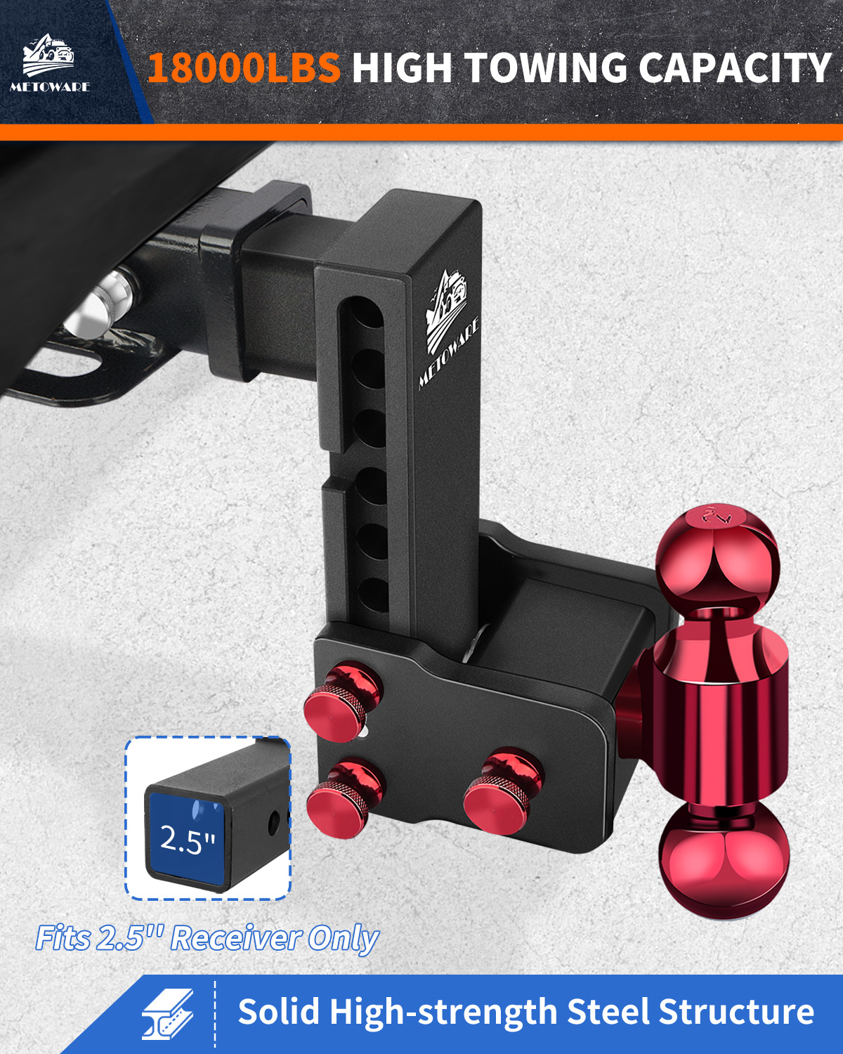 METOWARE Adjustable Trailer Hitch for 2.5" Receiver, 6" Drop/Rise - Image 4