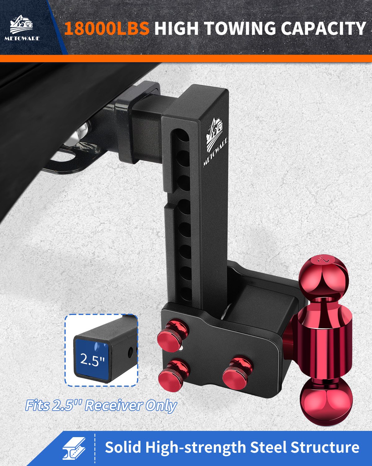 METOWARE Adjustable Trailer Hitch for 2.5" Receiver, 8" Drop/Rise - Image 4