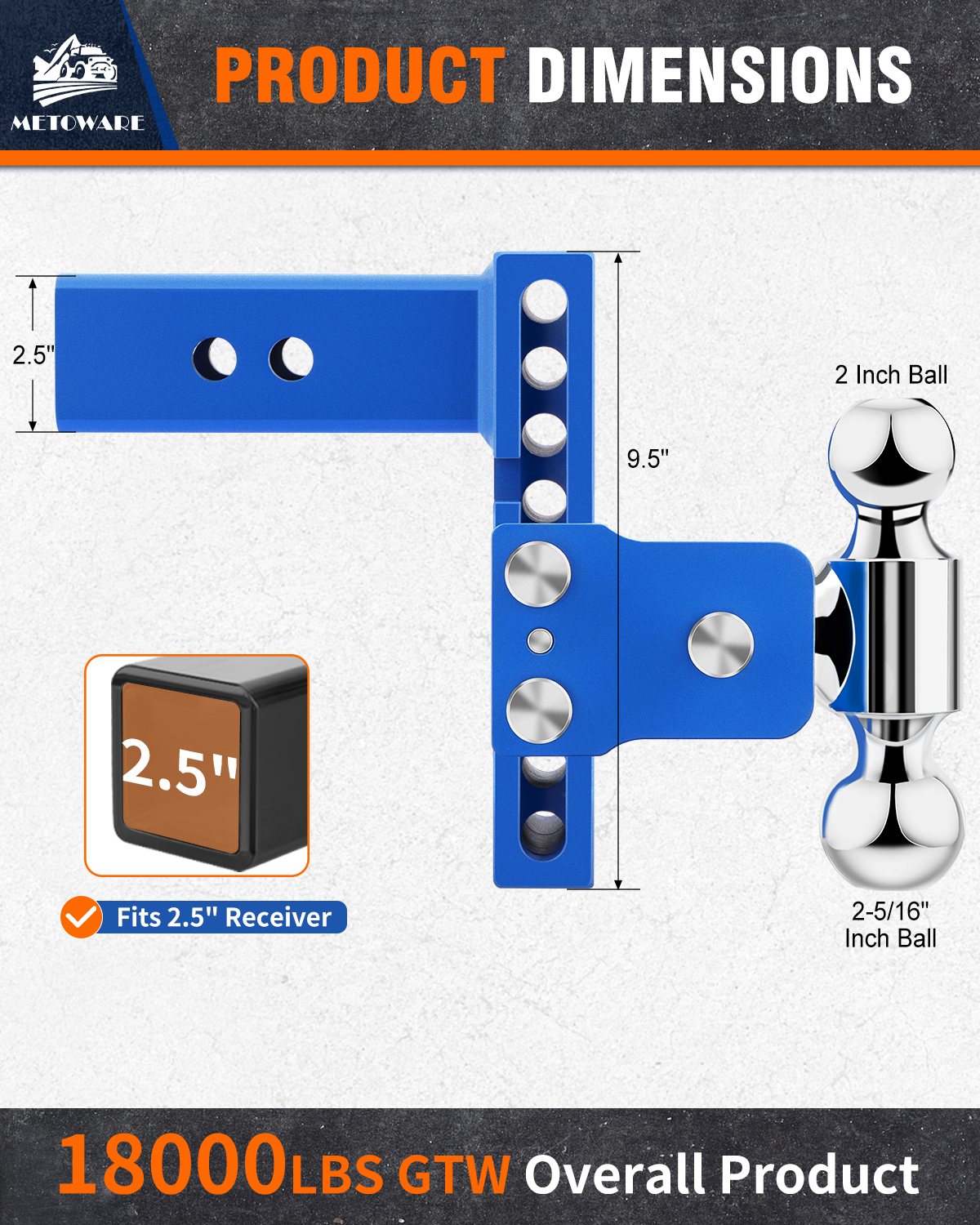 METOWARE Adjustable Trailer Hitch for 2.5" Receiver, 6" Drop/Rise Blue - Image 3