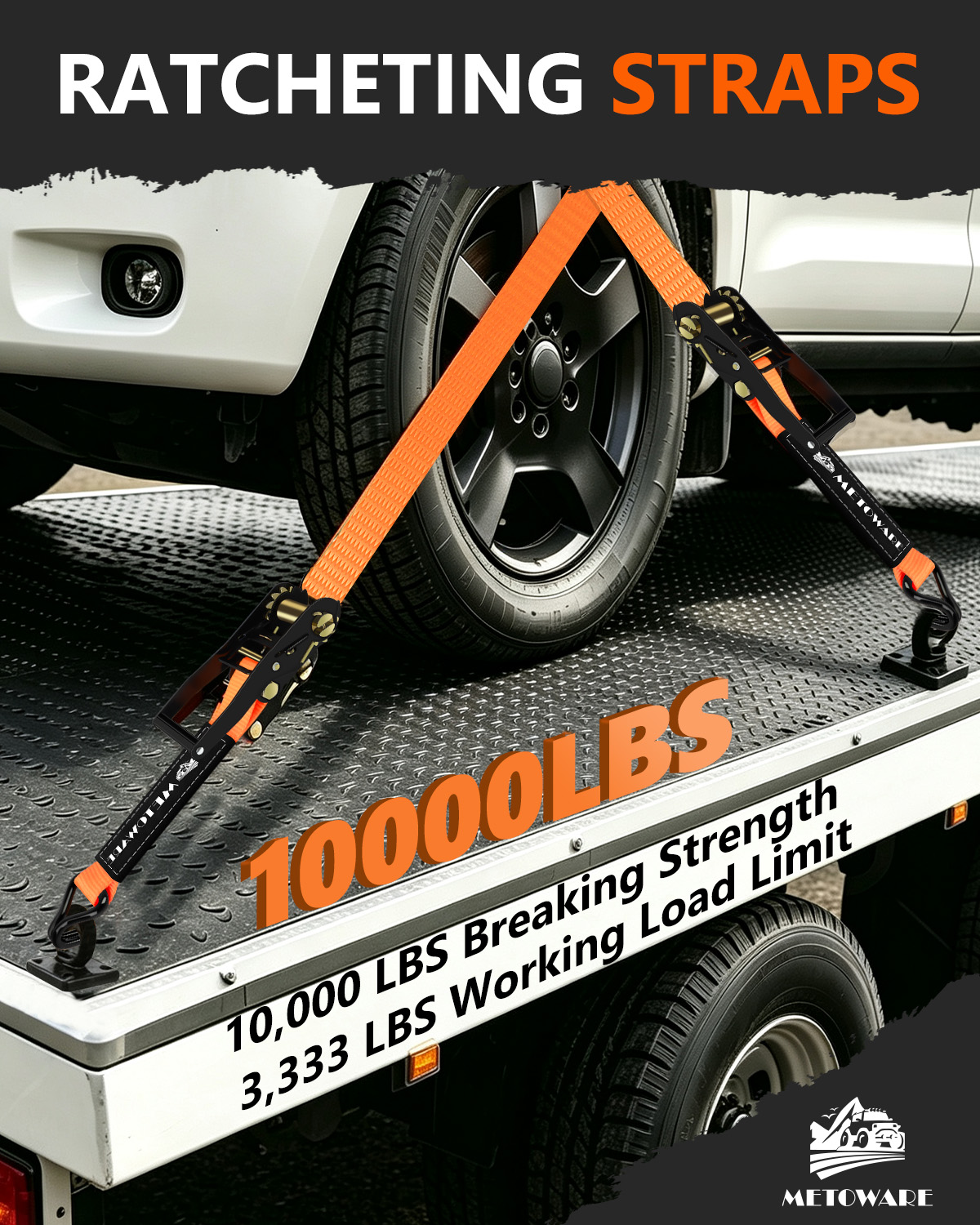 METOWARE Heavy Duty Ratchet Tie Down Straps (4 Pack) - 2 in x 15 Ft, Orange - Image 7