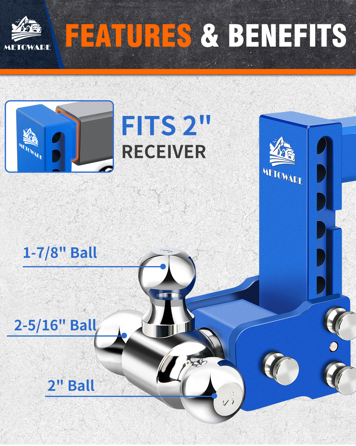 METOWARE Adjustable Trailer Hitch Fits 2" Receiver Tri-Ball, 6" Drop, 14K GTW, Blue - Image 4