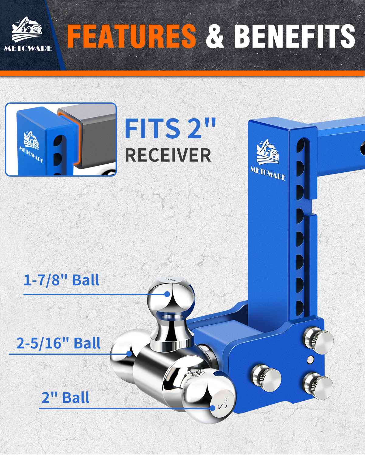 METOWARE Adjustable Trailer Hitch Fits 2" Receiver Tri-Ball 8" Drop 14K GTW, Blue - Image 5