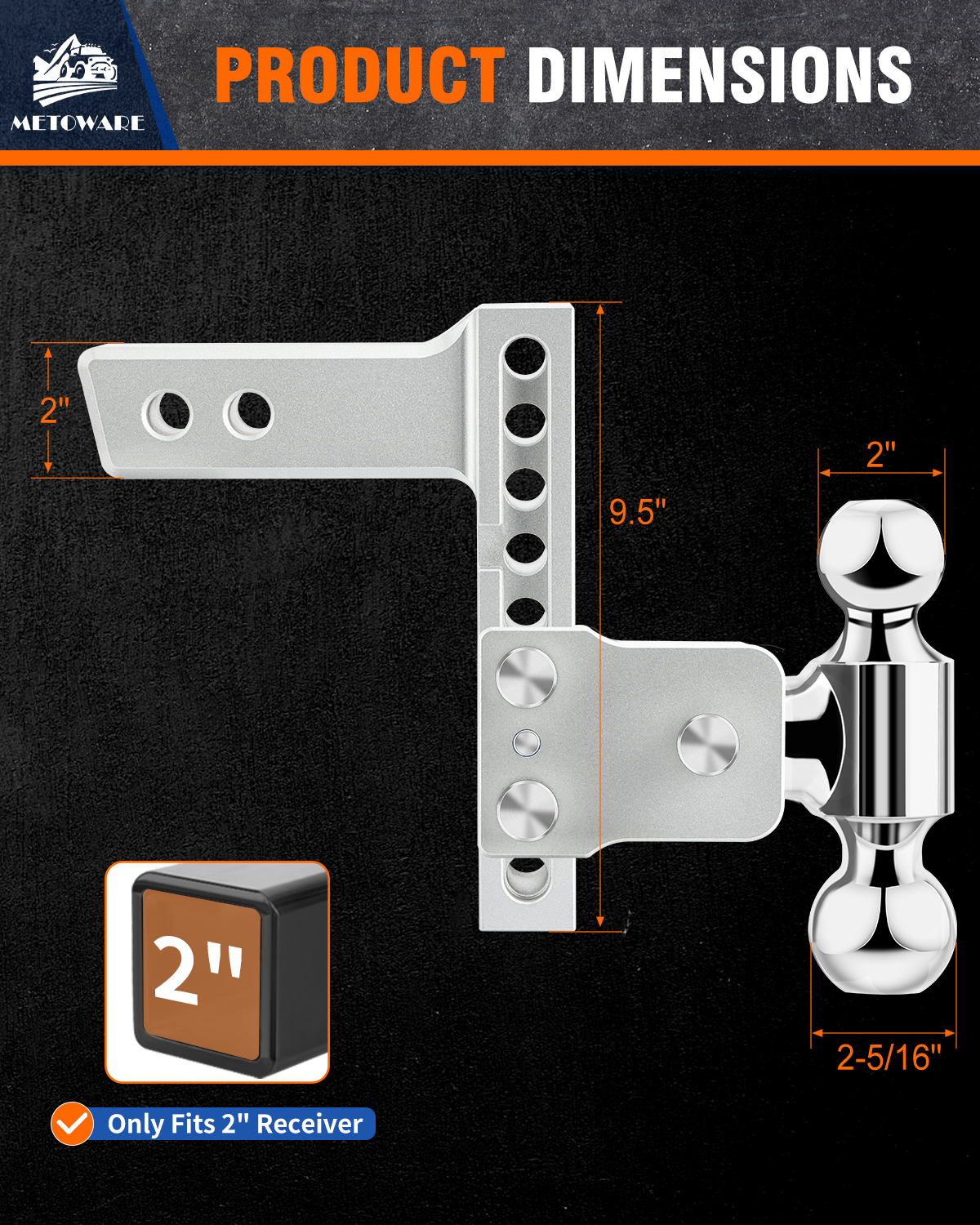 METOWARE Aluminum Adjustable Trailer Hitch Fits 2" Receiver 6" Drop/Rise 14K GTW - Image 3