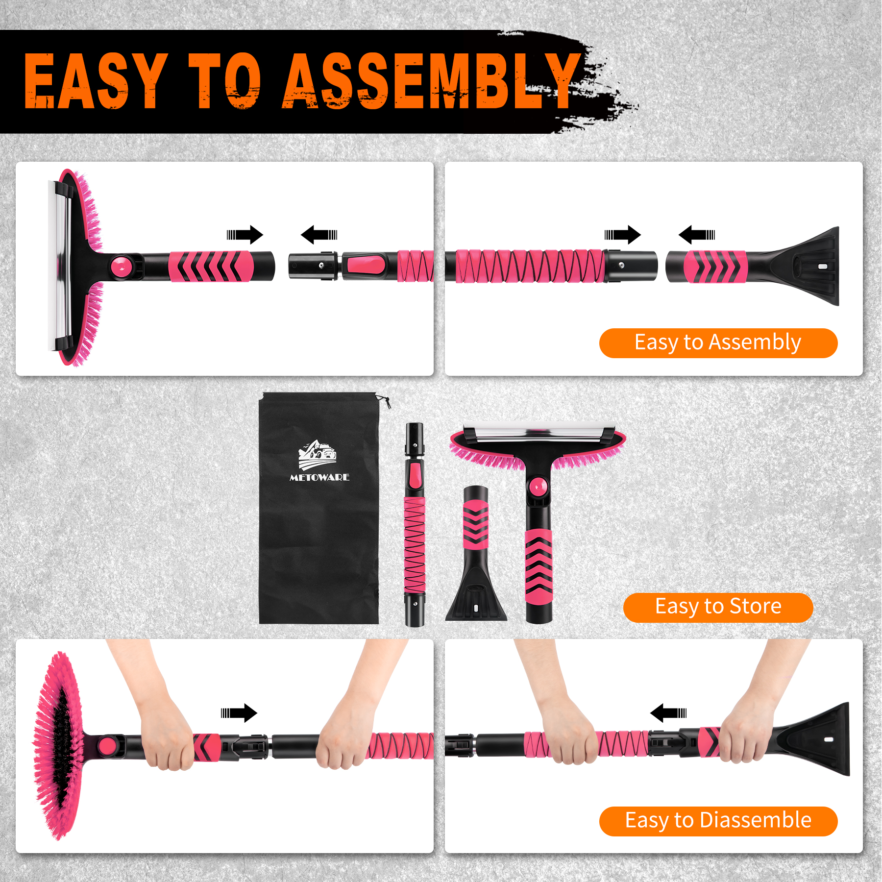 METOWARE 44'' Snow Brush and Ice Scrapers for Car Windshield, Pink - Image 4