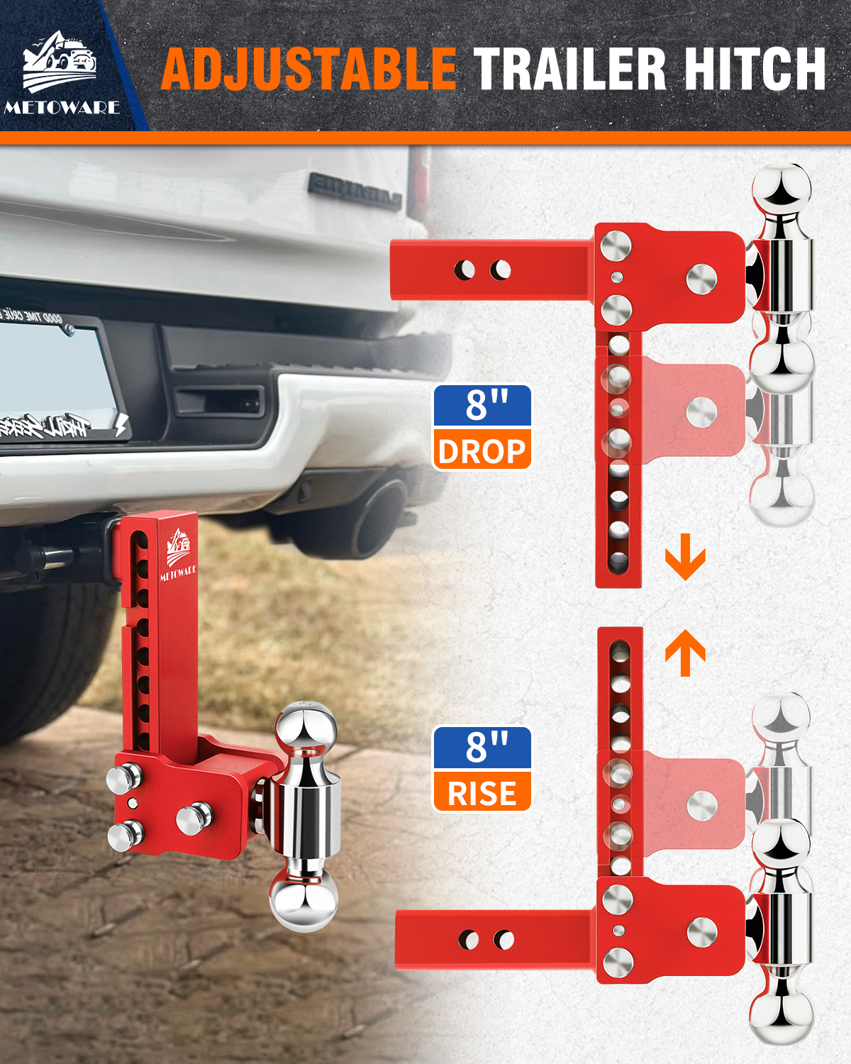 METOWARE 2" Adjustable Trailer Hitch Ball Mount, 8" Drop/Rise, 14K GTW, Red - Image 4