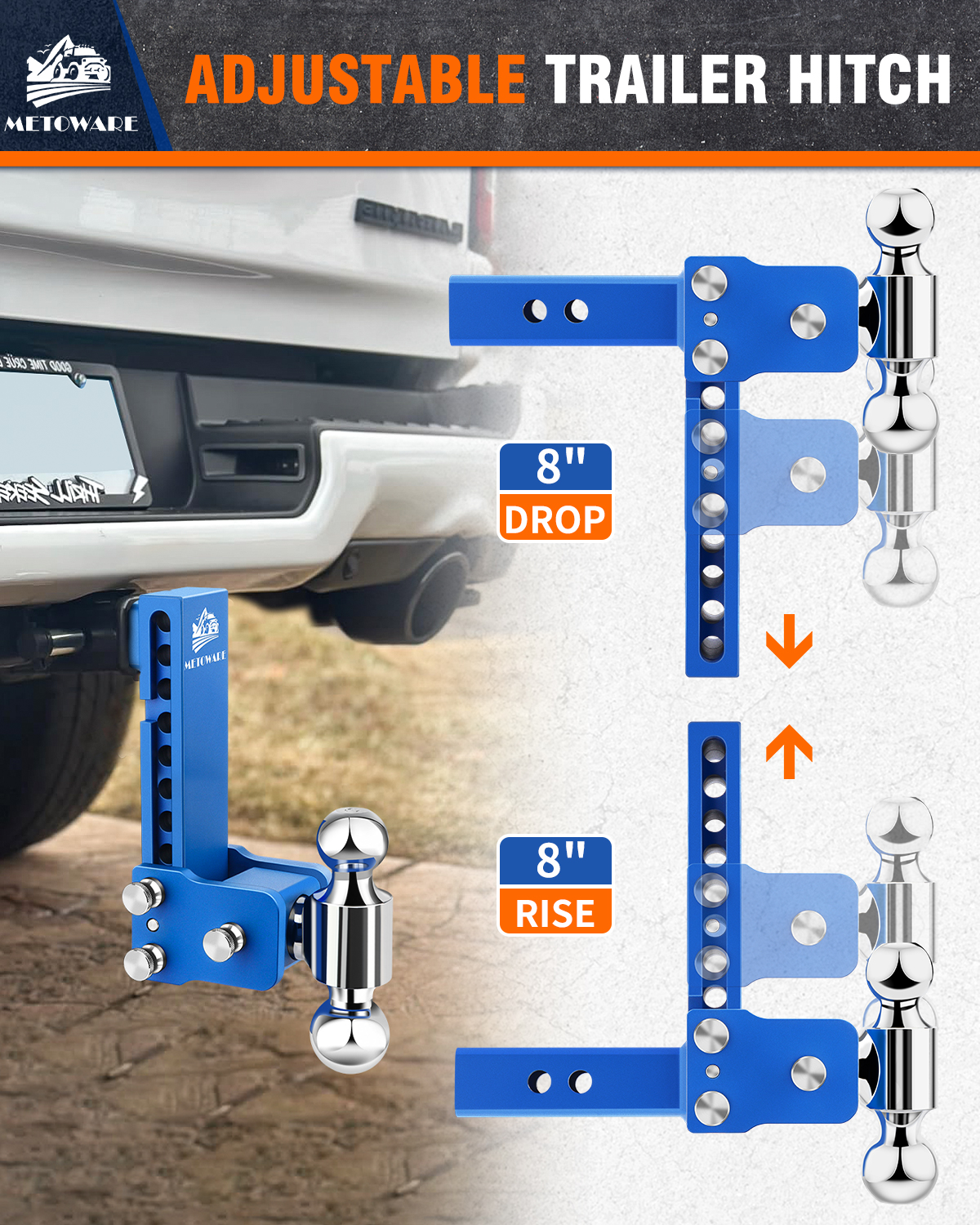 METOWARE 2" Adjustable Trailer Hitch Ball Mount, 8" Drop, 14K GTW, Blue - Image 4