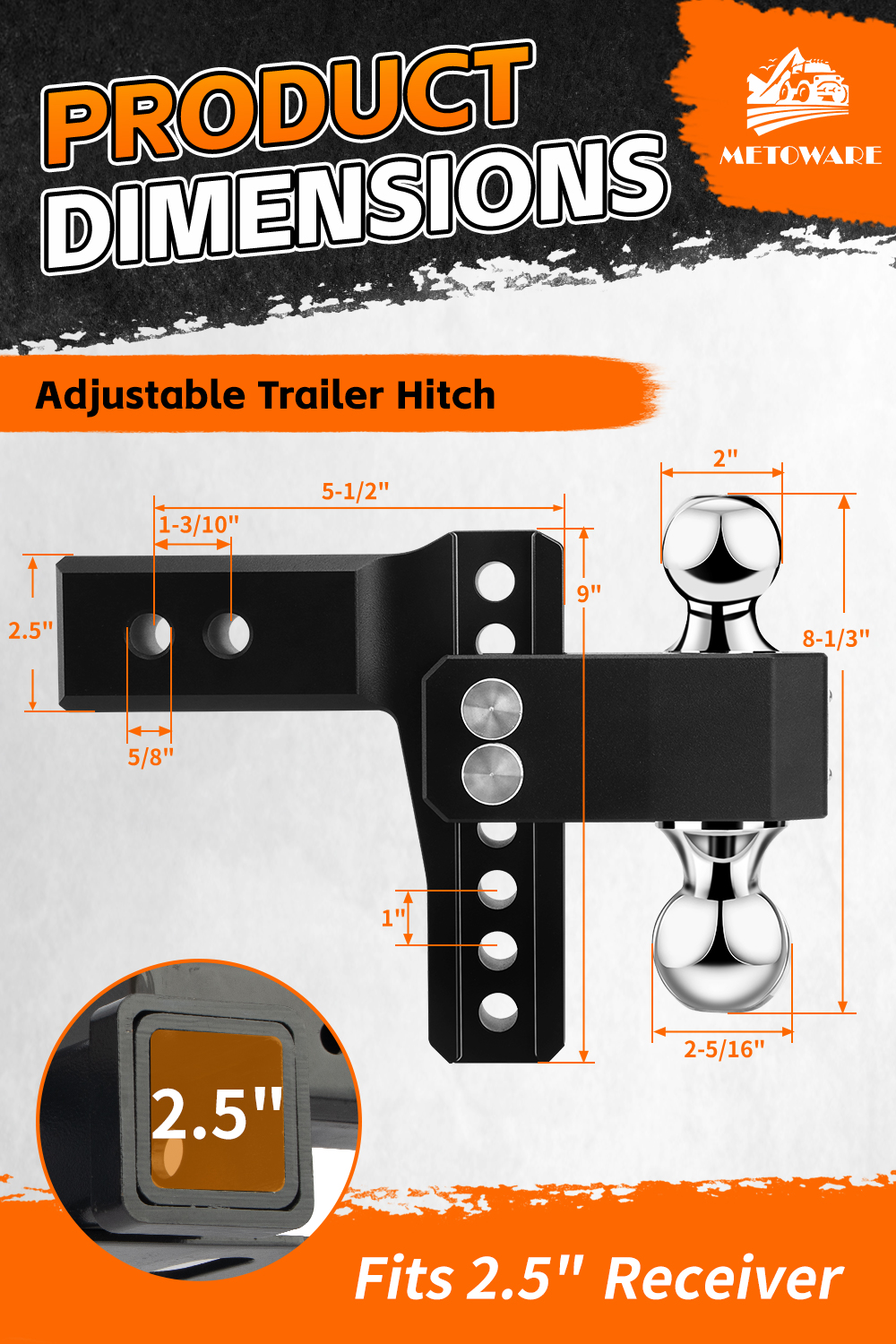 METOWARE 2.5'' Aluminum Adjustable Trailer Hitch, 6'' Drop/Rise, 18K GTW, Black - Image 3