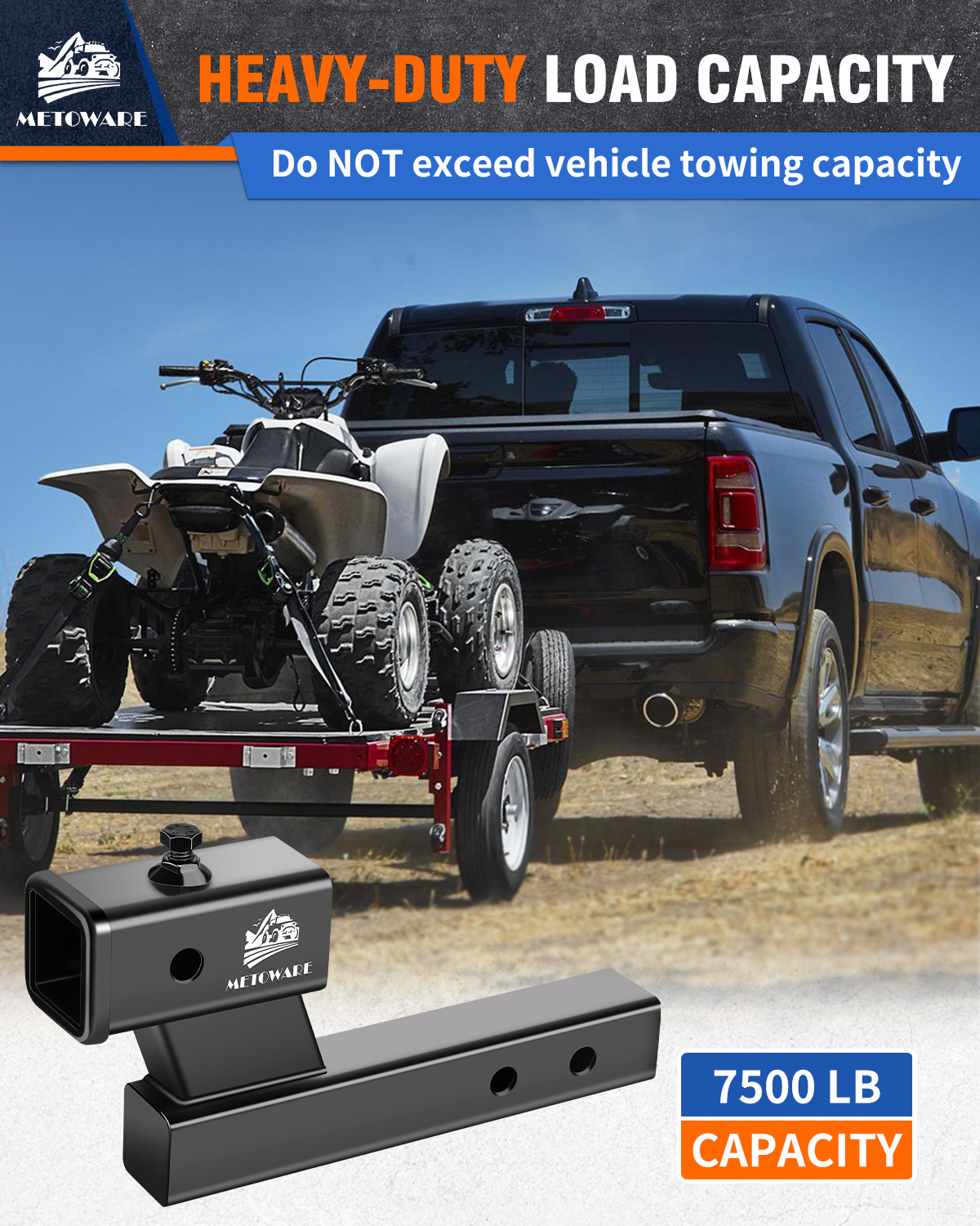 METOWARE Trailer Hitch Extender Fits 2" Receiver 4" Drop/Rise 7500 LBS GTW - Image 4