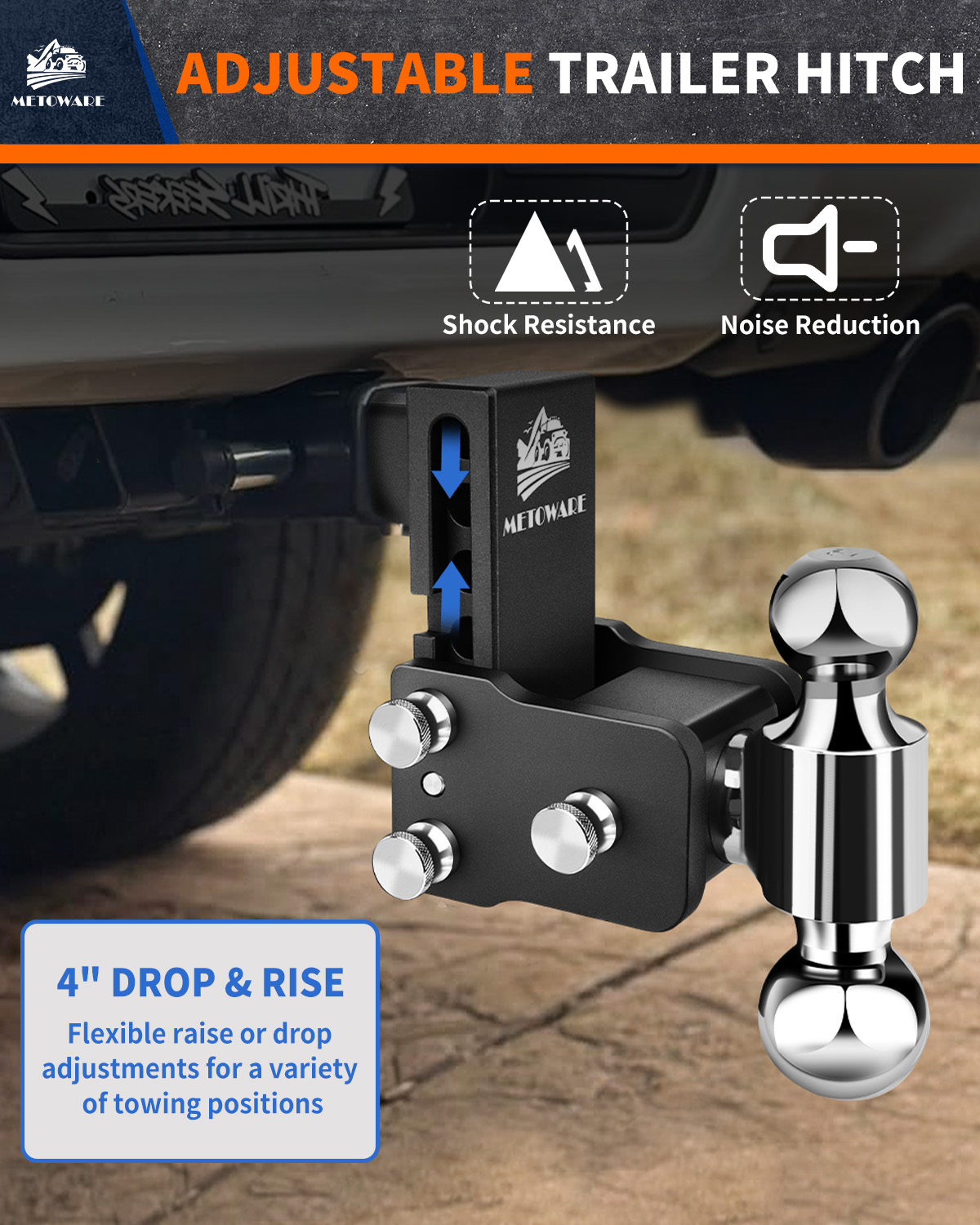 METOWARE Adjustable Trailer Hitch for 2.5" Receiver, 4'' Drop, 18K GTW - Image 5