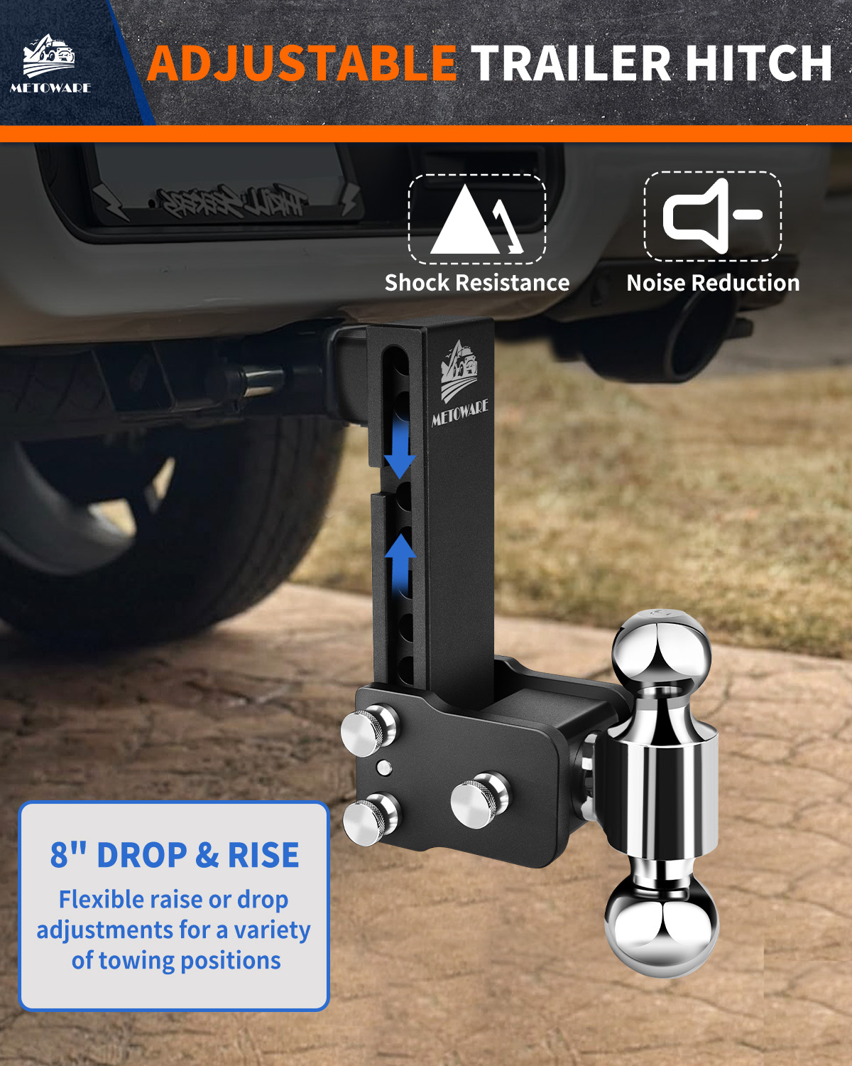 METOWARE Adjustable Trailer Hitch for 2.5" Receiver, 8" Drop/Rise - Image 5