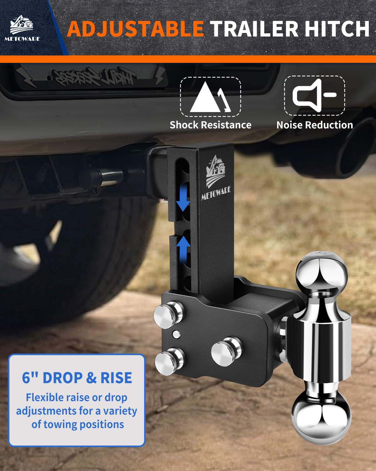 METOWARE Adjustable Trailer Hitch for 2.5" Receiver, 6" Drop/Rise - Image 5