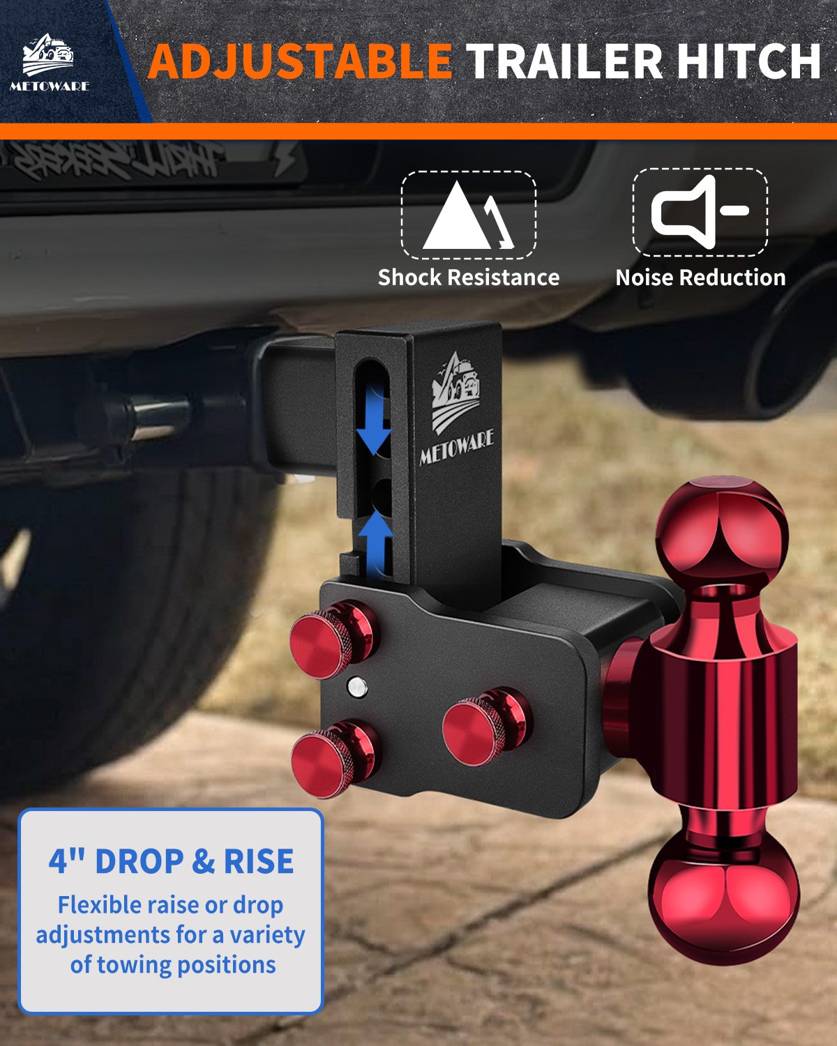 METOWARE Adjustable Trailer Hitch for 2.5″ Receiver, 4″ Drop/Rise - Image 5