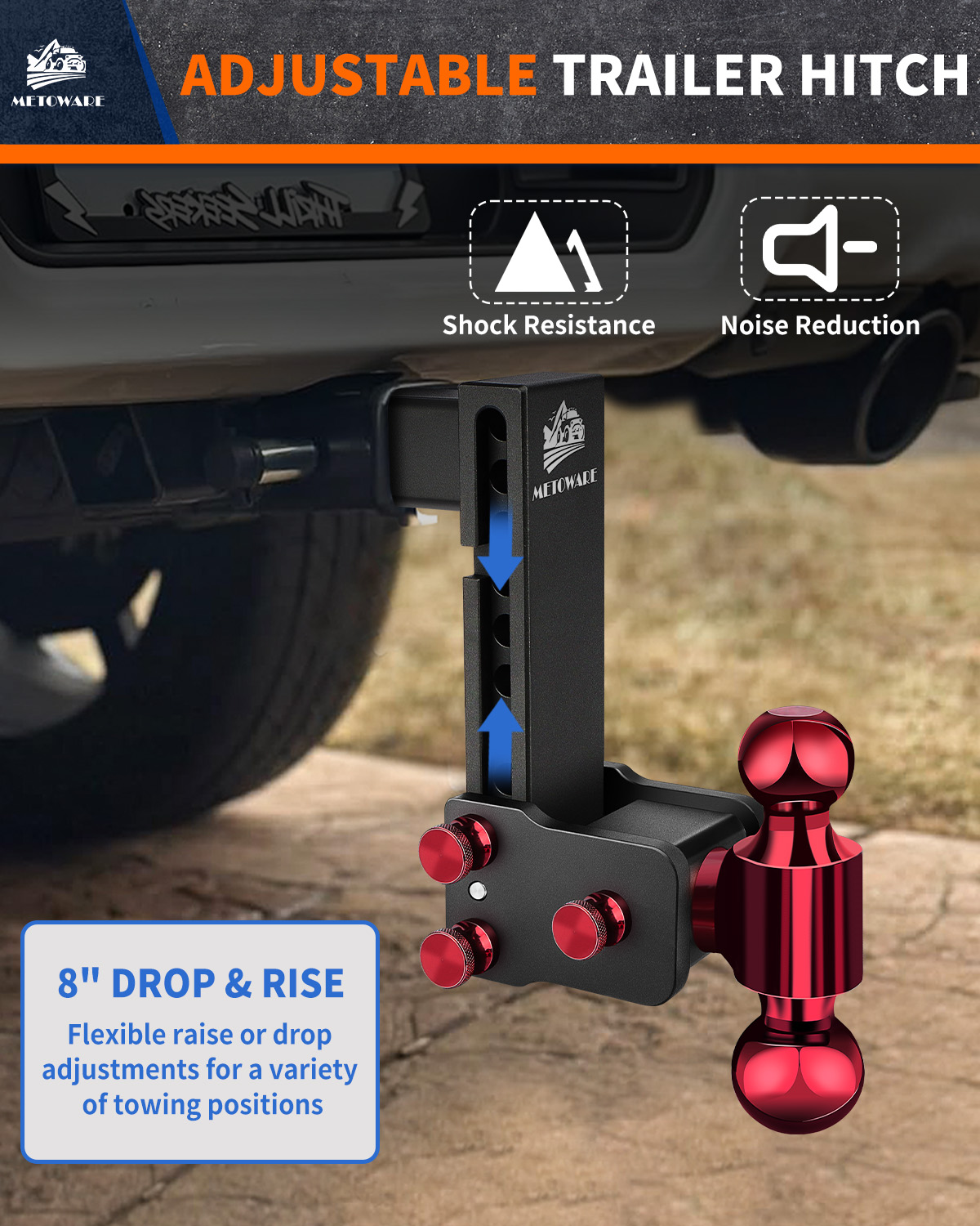 METOWARE Adjustable Trailer Hitch for 2.5" Receiver, 8" Drop/Rise - Image 5