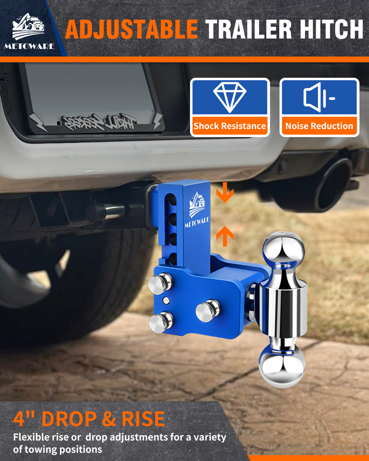 METOWARE Adjustable Trailer Hitch for 2.5" Receiver, 4" Drop/Rise Blue - Image 4