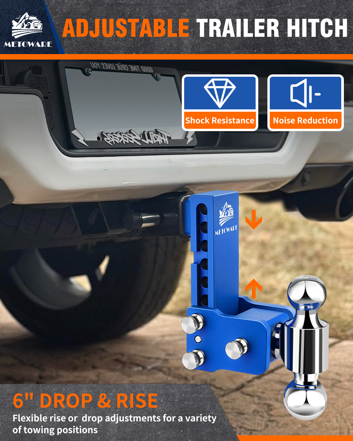 METOWARE Adjustable Trailer Hitch for 2.5" Receiver, 6" Drop/Rise Blue - Image 4