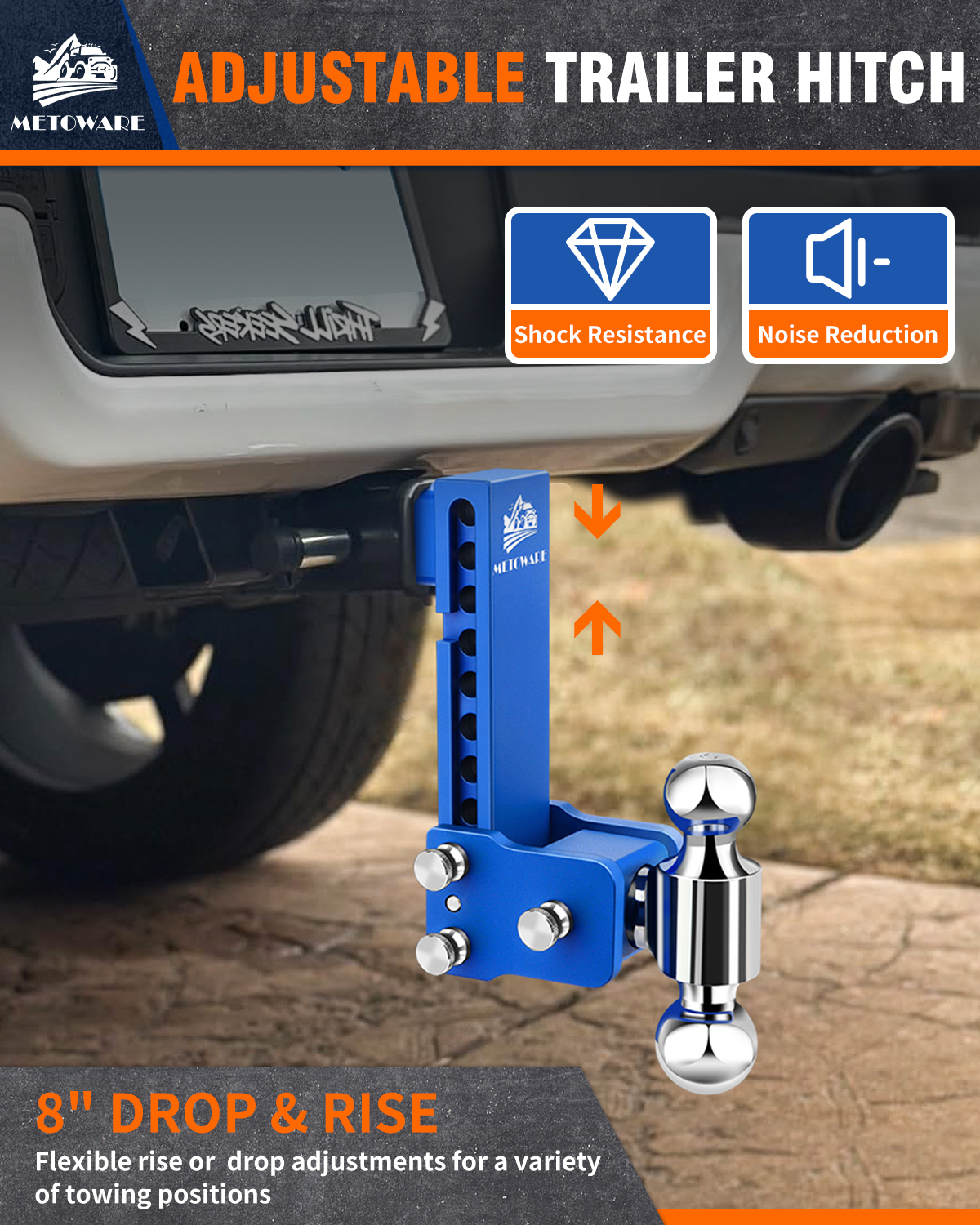 METOWARE Adjustable Trailer Hitch for 2.5" Receiver, 8" Drop/Rise Blue - Image 4