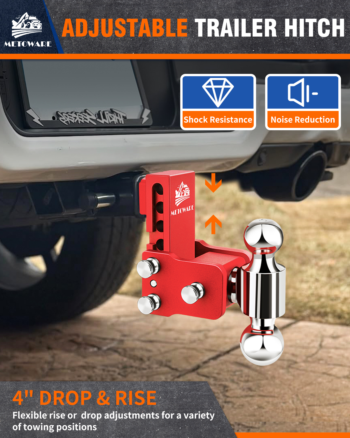 METOWARE Adjustable Trailer Hitch for 2.5" Receiver, 4" Drop/Rise Red - Image 4