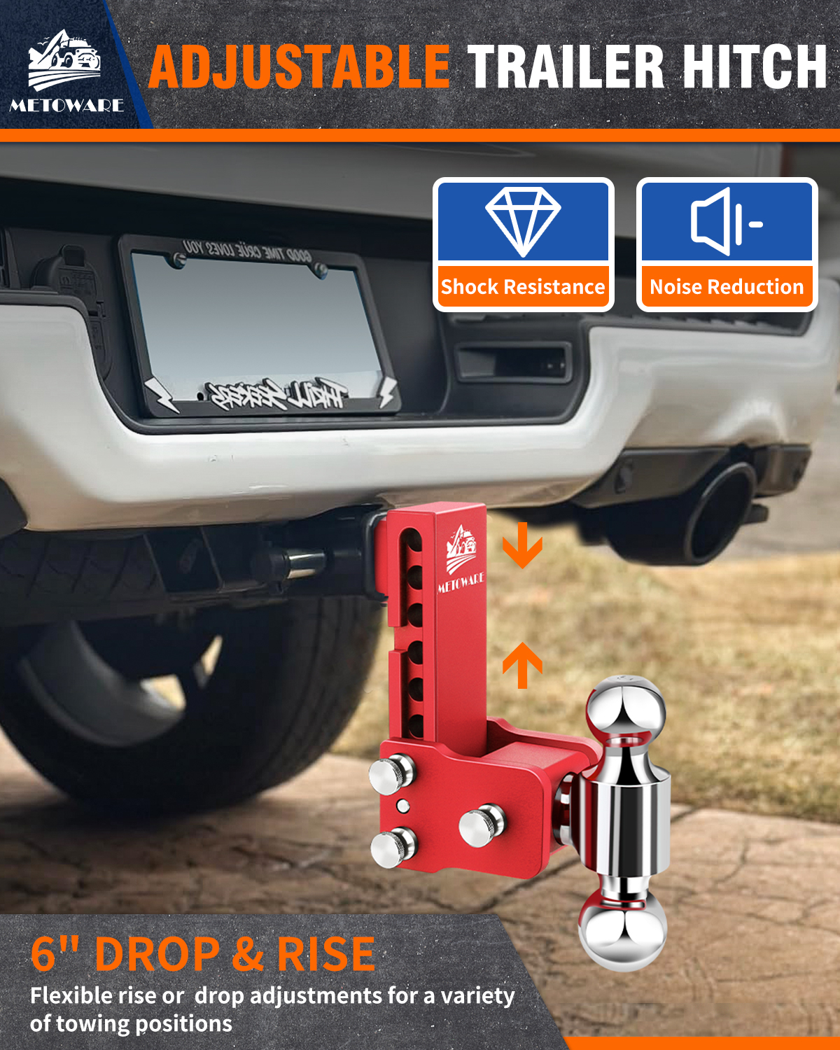 METOWARE Adjustable Trailer Hitch for 2.5" Receiver, 6" Drop/Rise Red - Image 4