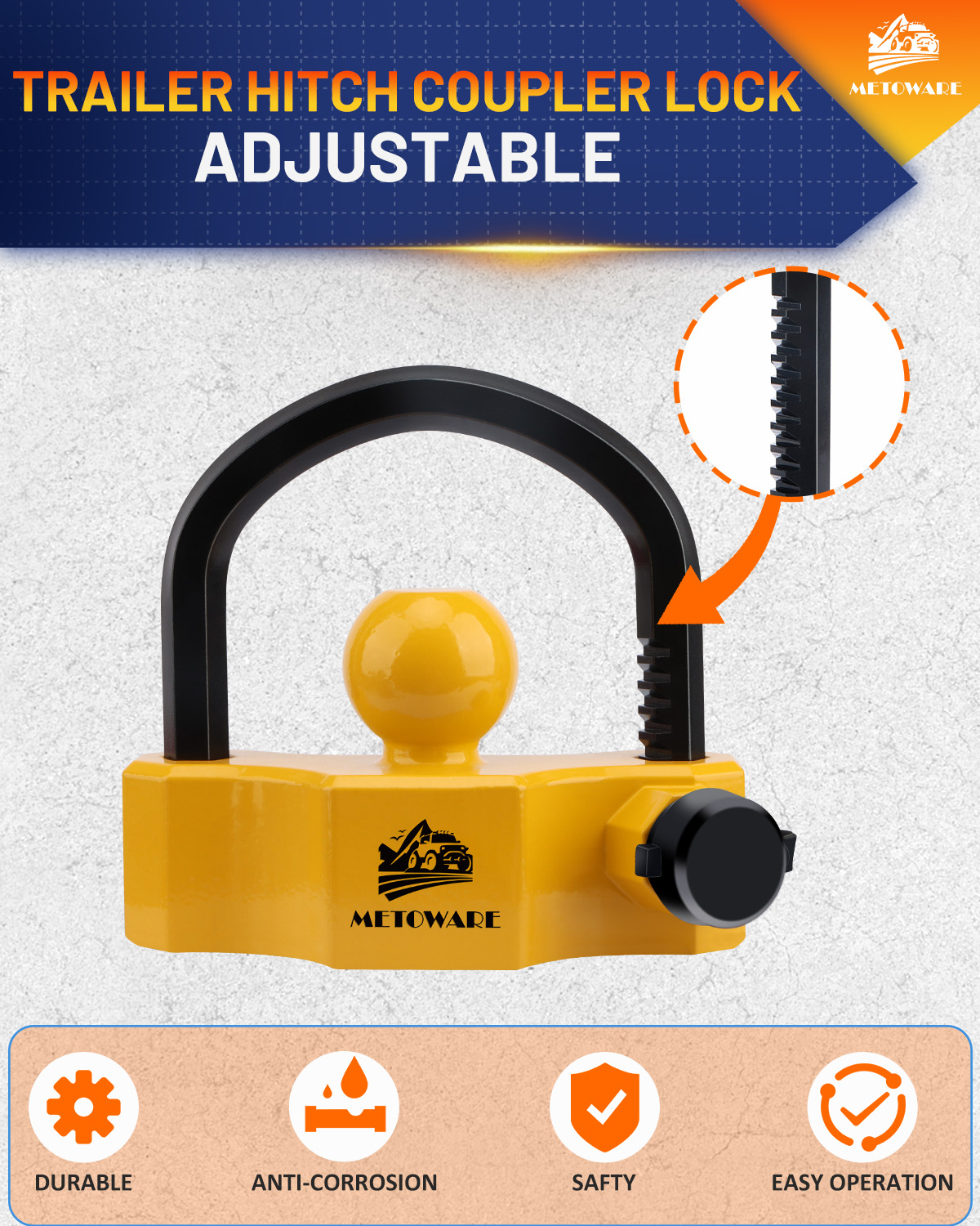 METOWARE Heavy-Duty Universal Trailer Coupler Lock Adjustable Trailer Lock, Yellow - Image 6