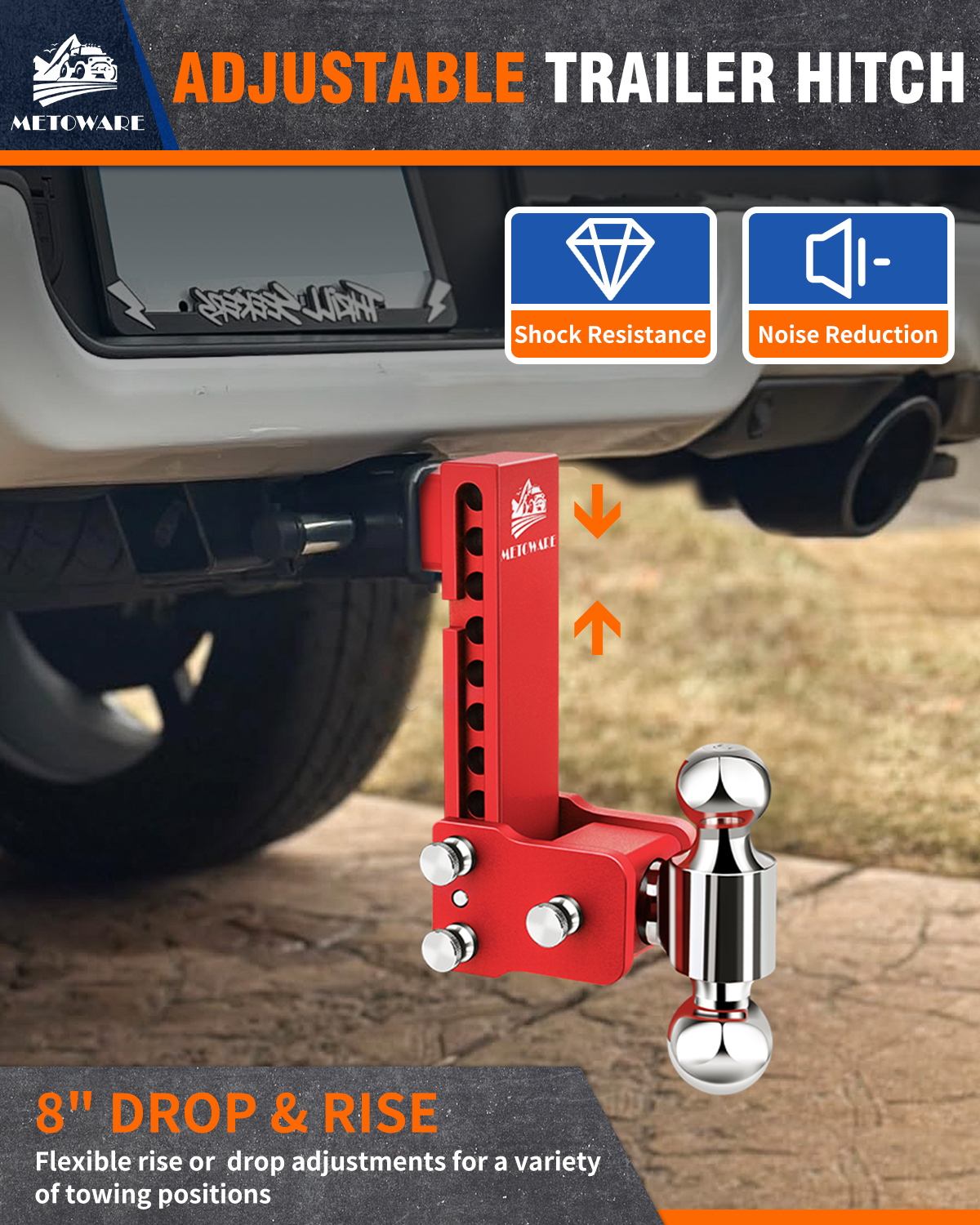 METOWARE Adjustable Trailer Hitch for 2.5" Receiver, 8" Drop/Rise Red - Image 4