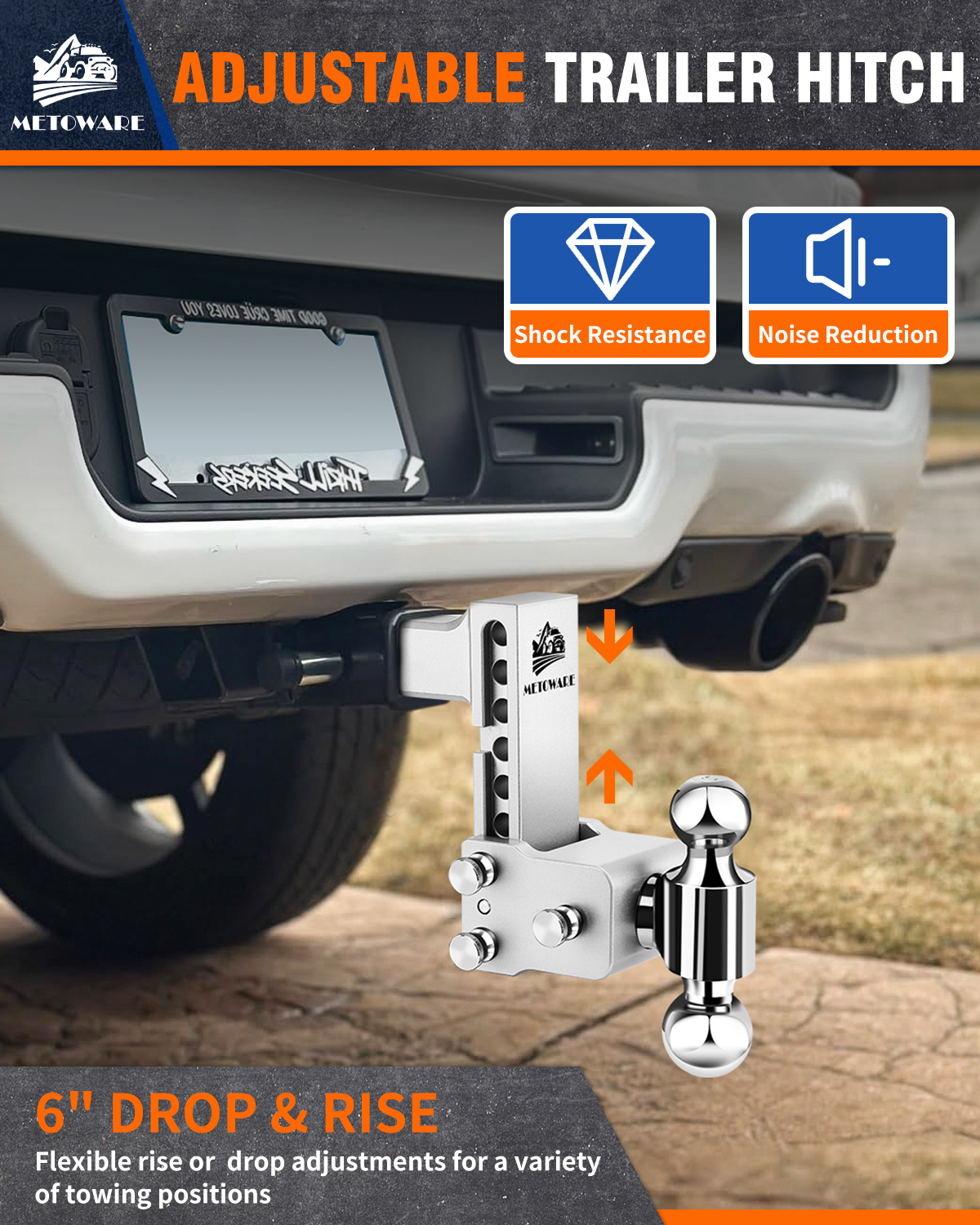 METOWARE Aluminum Adjustable Trailer Hitch Fits 2" Receiver 6" Drop/Rise 14K GTW - Image 2