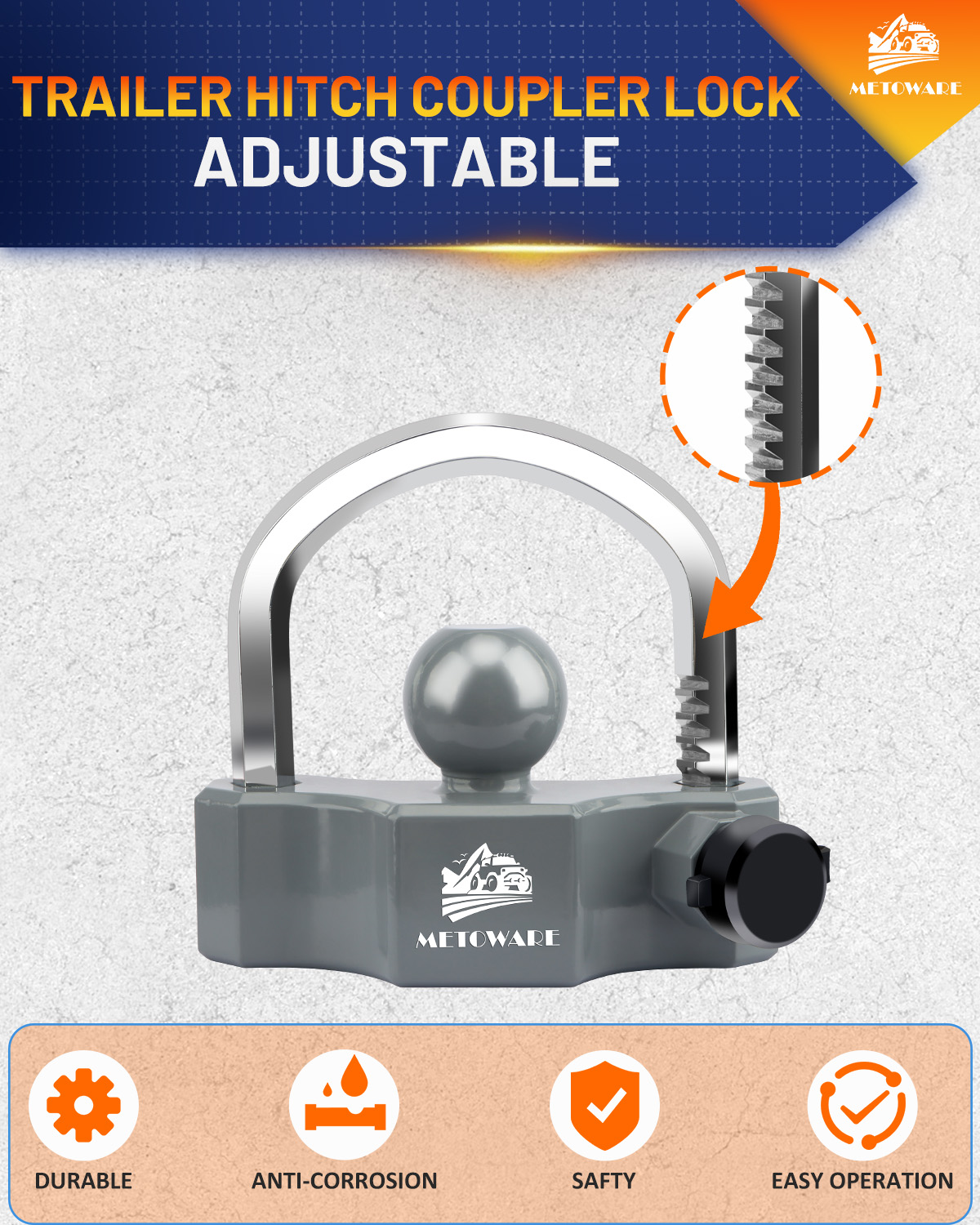 METOWARE Heavy-Duty Universal Trailer Coupler Lock Adjustable Trailer Lock, Gray - Image 6