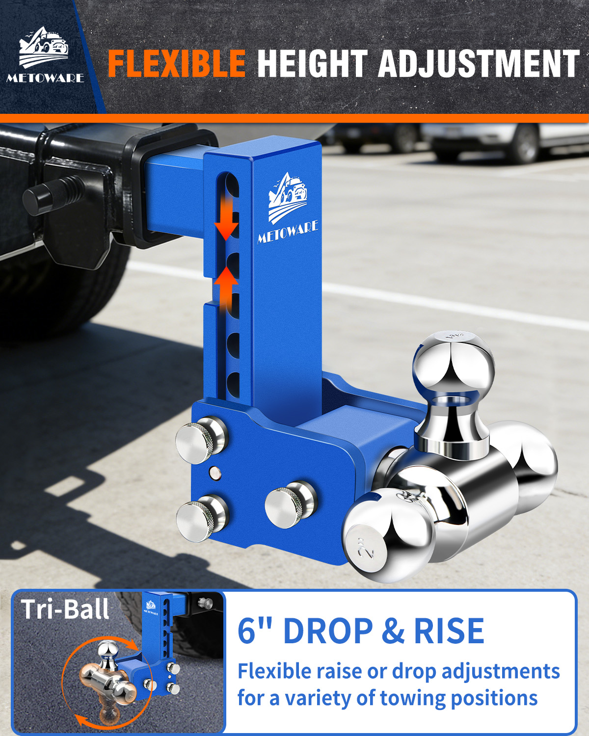 METOWARE Adjustable Trailer Hitch Fits 2" Receiver Tri-Ball, 6" Drop, 14K GTW, Blue - Image 3