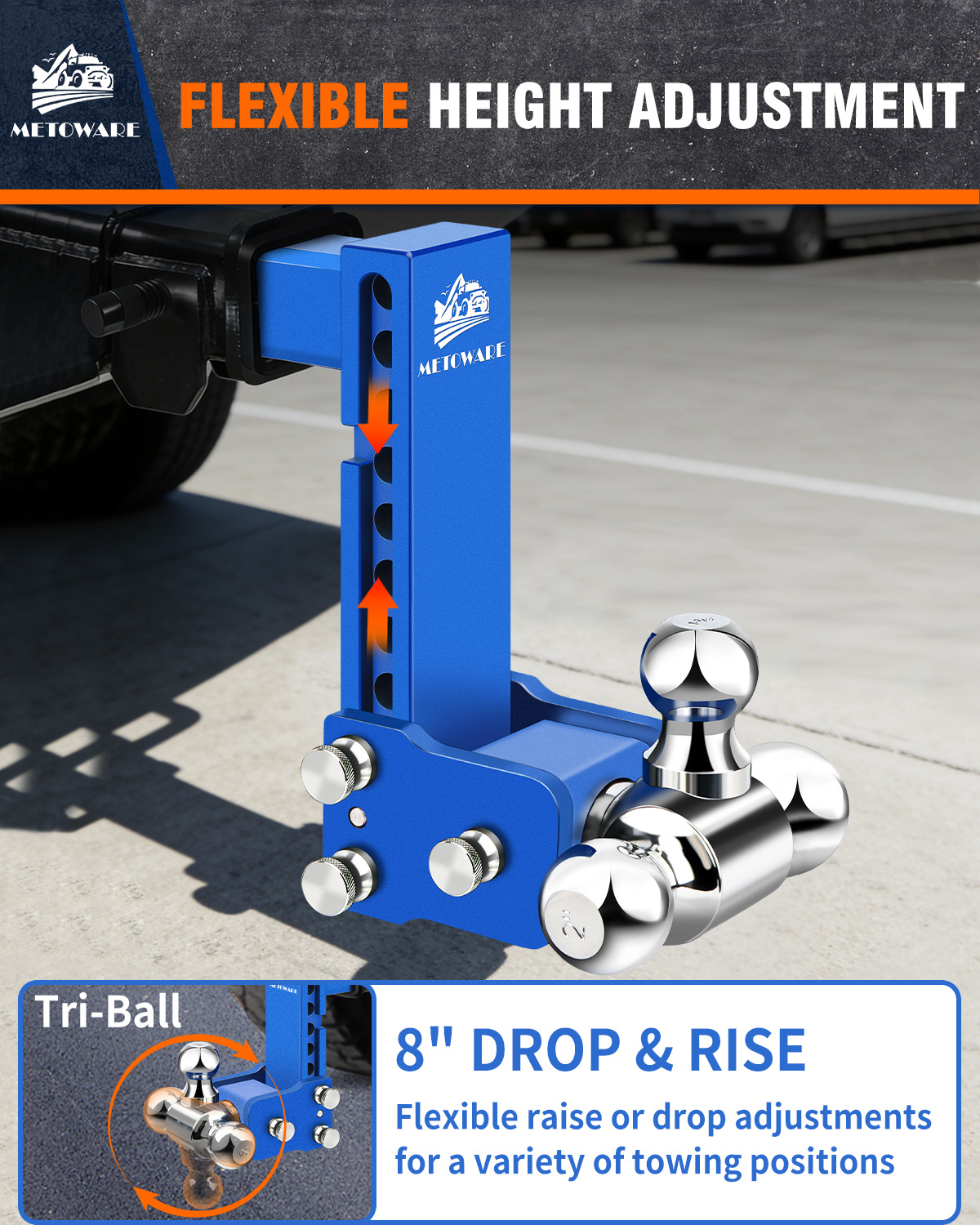 METOWARE Adjustable Trailer Hitch Fits 2" Receiver Tri-Ball 8" Drop 14K GTW, Blue - Image 4