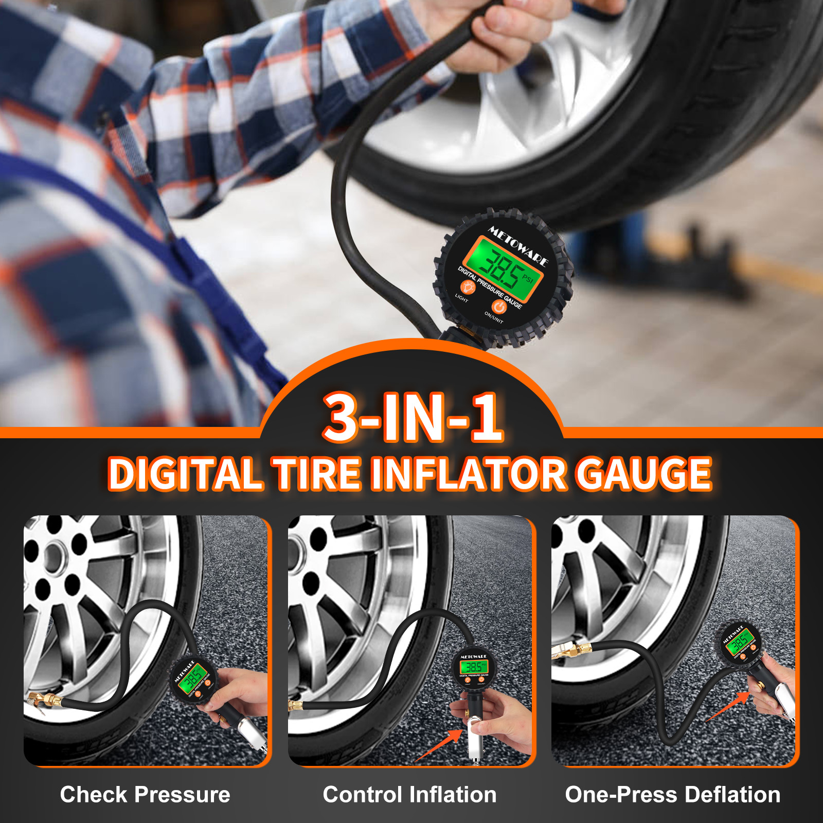 METOWARE Tire Pressure Gauge 0-250 PSI Digital with Air Chuck - Image 6