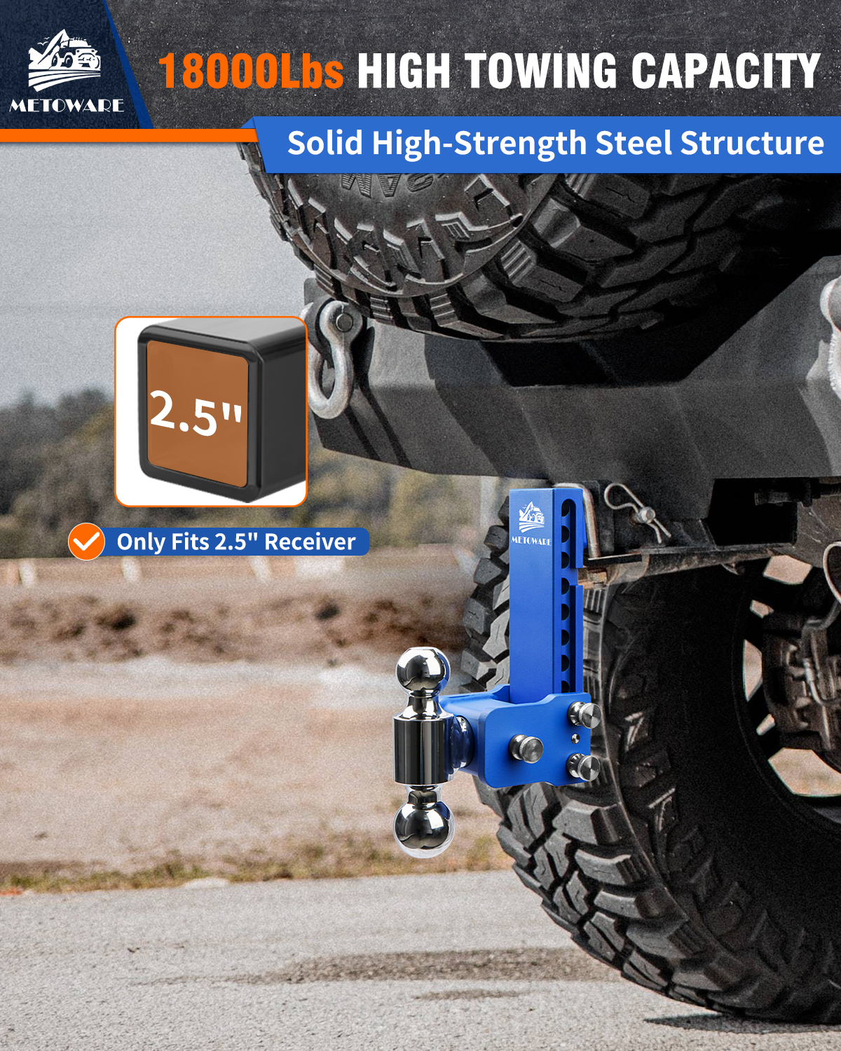METOWARE Adjustable Trailer Hitch for 2.5" Receiver, 8" Drop/Rise Blue - Image 6