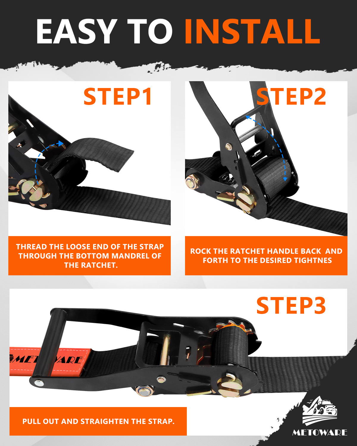 METOWARE Heavy Duty Ratchet Tie Down Straps (4 Pack) - 2 in x 15 Ft, Black - Image 4