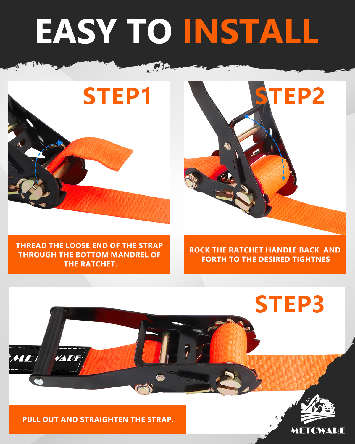 METOWARE Heavy Duty Ratchet Tie Down Straps (4 Pack) - 2 in x 15 Ft, Orange - Image 5