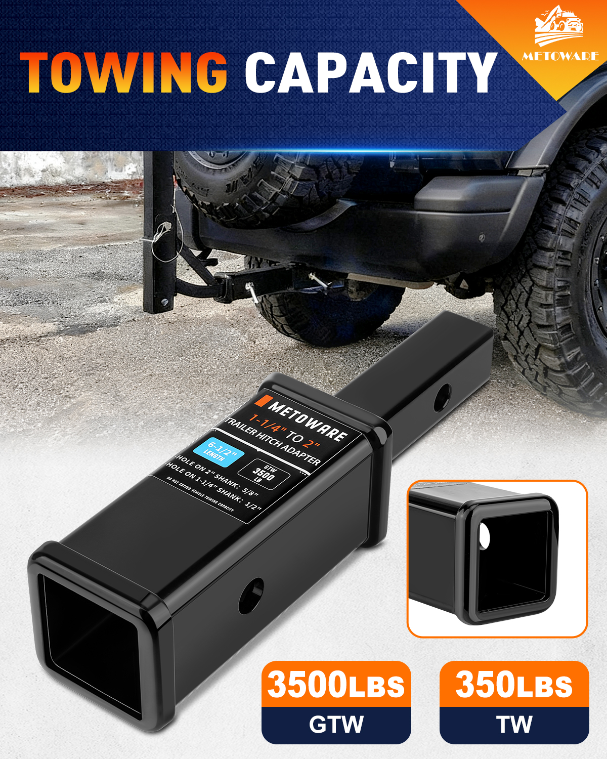 METOWARE 3,500 lbs Trailer Hitch Receiver Adapter Reducer, 1-1/4 to 2 Inch - Image 7