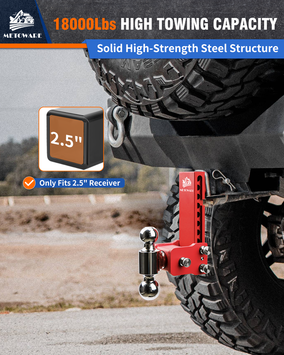 METOWARE Adjustable Trailer Hitch for 2.5" Receiver, 8" Drop/Rise Red - Image 5