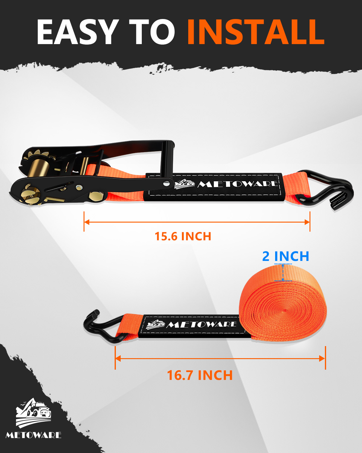 METOWARE Heavy Duty Ratchet Tie Down Straps (4 Pack) - 2 in x 15 Ft, Orange - Image 3