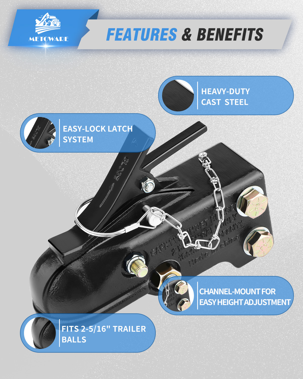 METOWARE 2-5/16"Adjustable Channe Mount Trailer Coupler, Capacity 15,000LBS - Image 3