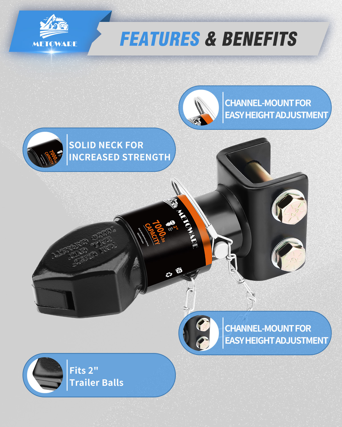 METOWARE 2" Channel-Mount Adjustable Trailer Coupler, 7,000 lbs Capacity - Image 3